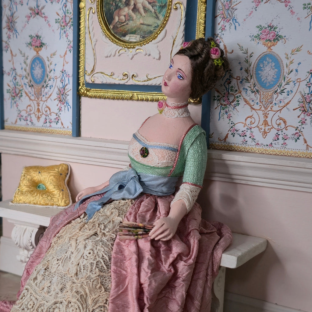 Gale Elena Bantock Rococo Hallway Vignette Room with Seated Lady Doll with Fan