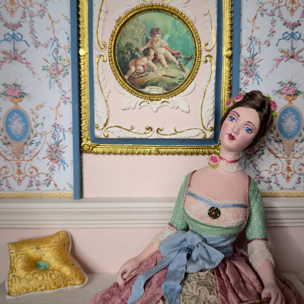 Gale Elena Bantock Rococo Hallway Vignette Room with Seated Lady Doll with Fan