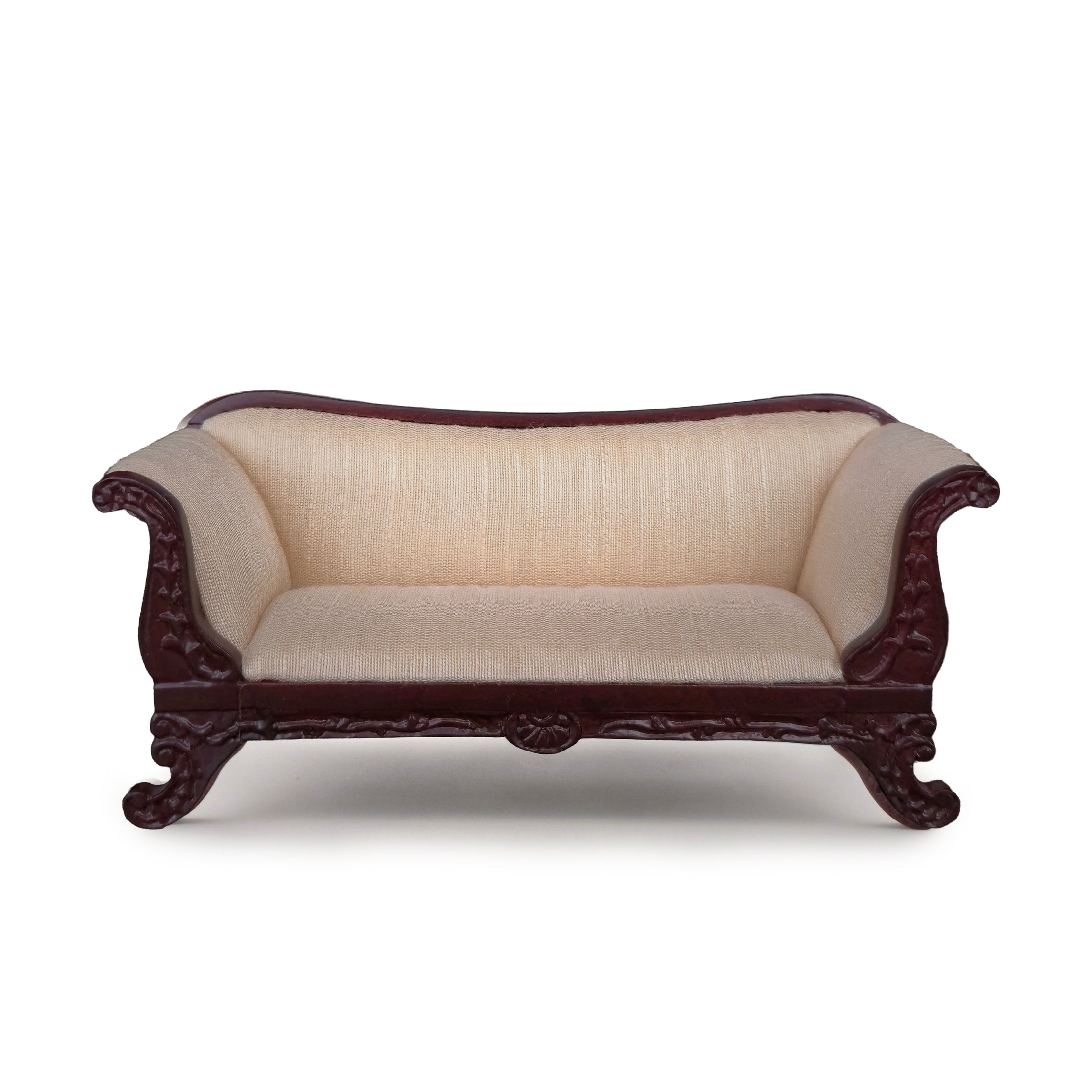 Bespaq Victorian Style Ivory Silk Upholstered Sofa Mahogany Miniature 1990s