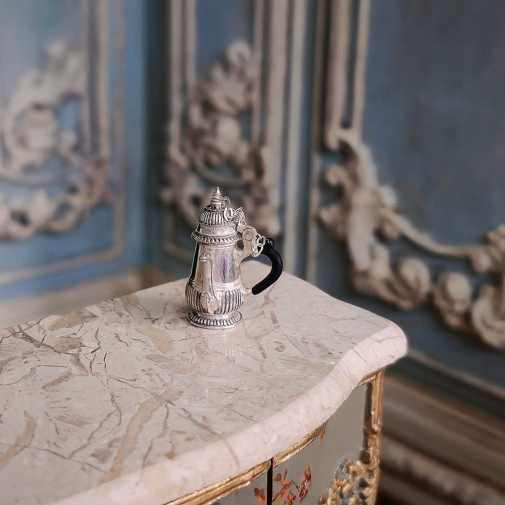 Sterling Silver Rococo-Style Miniature Chocolate Pot with Chained Lid