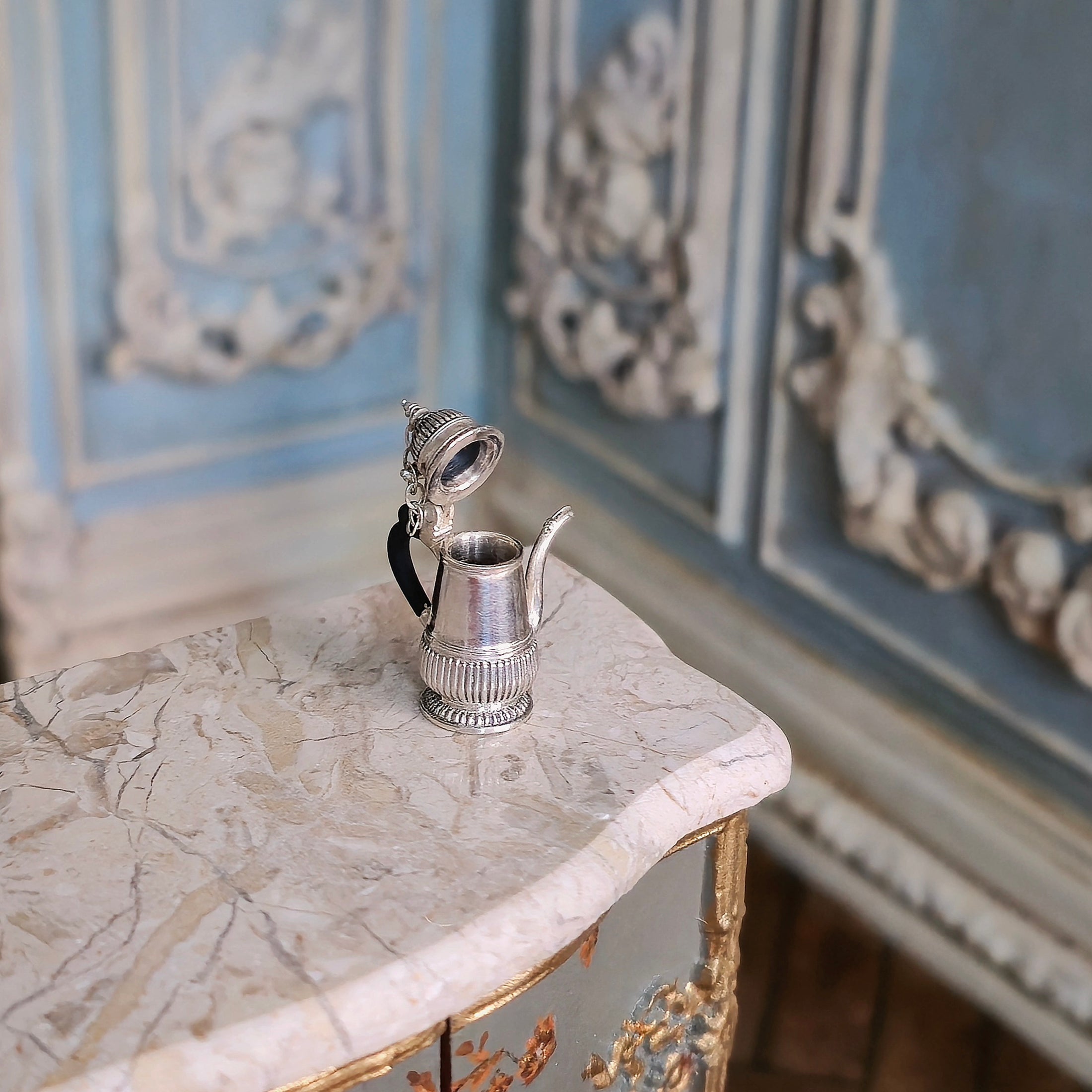 Sterling Silver Rococo-Style Miniature Chocolate Pot with Chained Lid