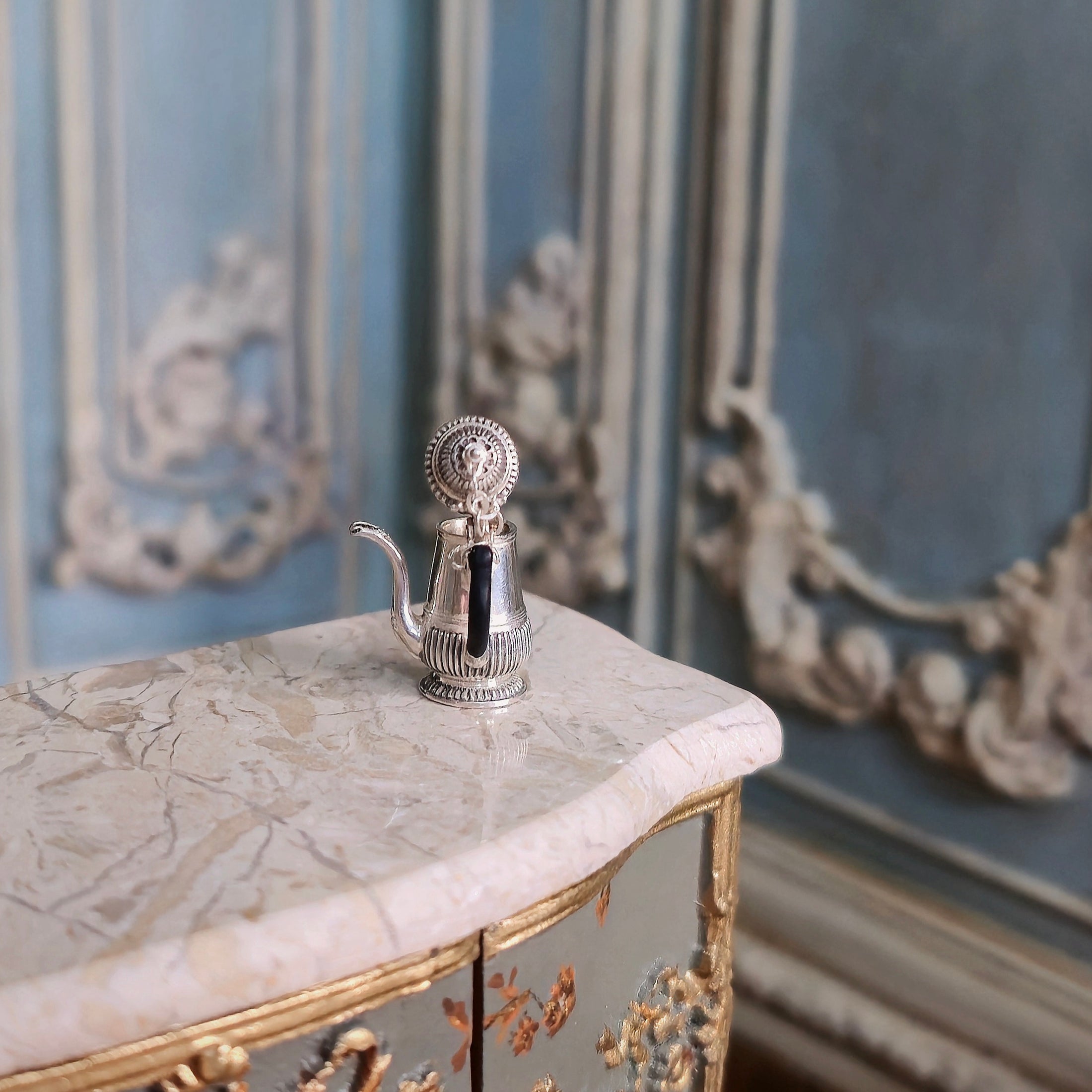 Sterling Silver Rococo-Style Miniature Chocolate Pot with Chained Lid
