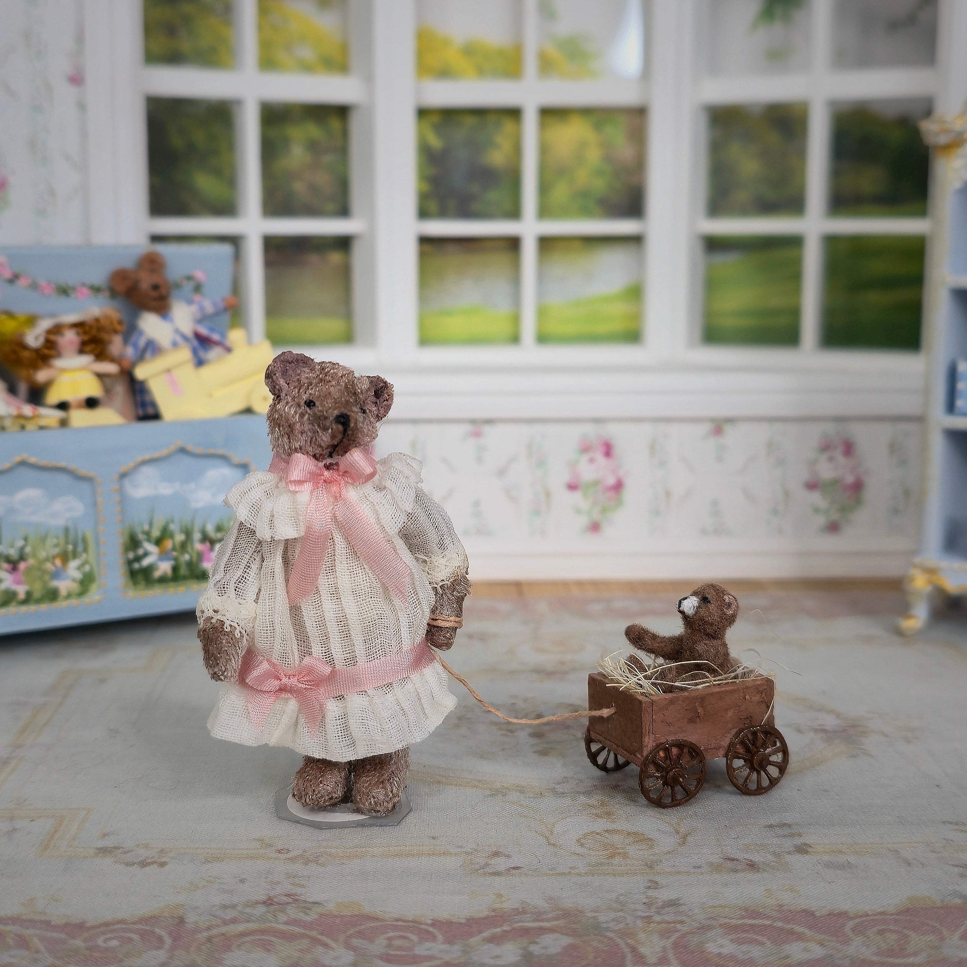 RESERVED JULIE D Le Coffre d'Emilie OOAK Edwardian Teddy Bear Sisters with Wagon France