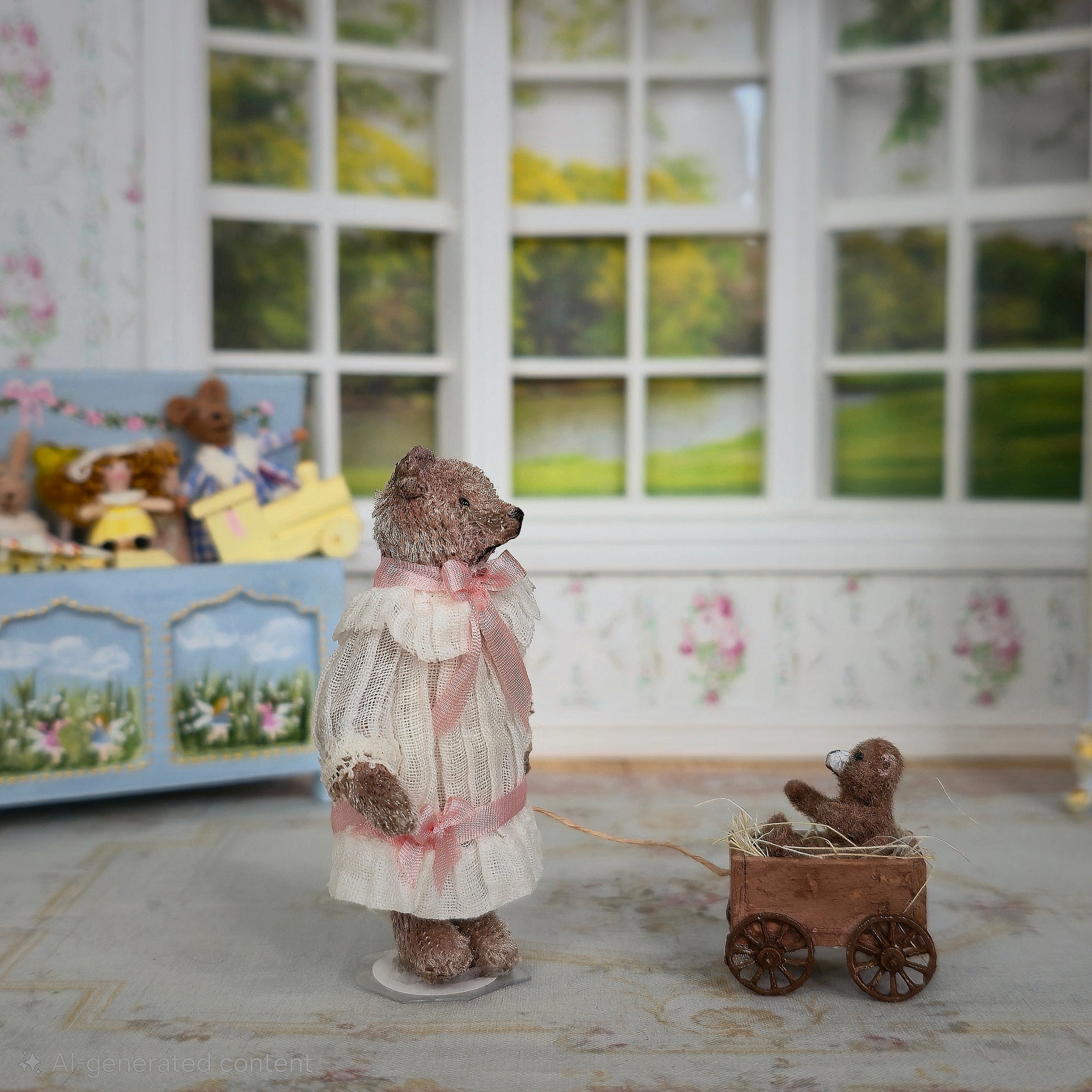 RESERVED JULIE D Le Coffre d'Emilie OOAK Edwardian Teddy Bear Sisters with Wagon France