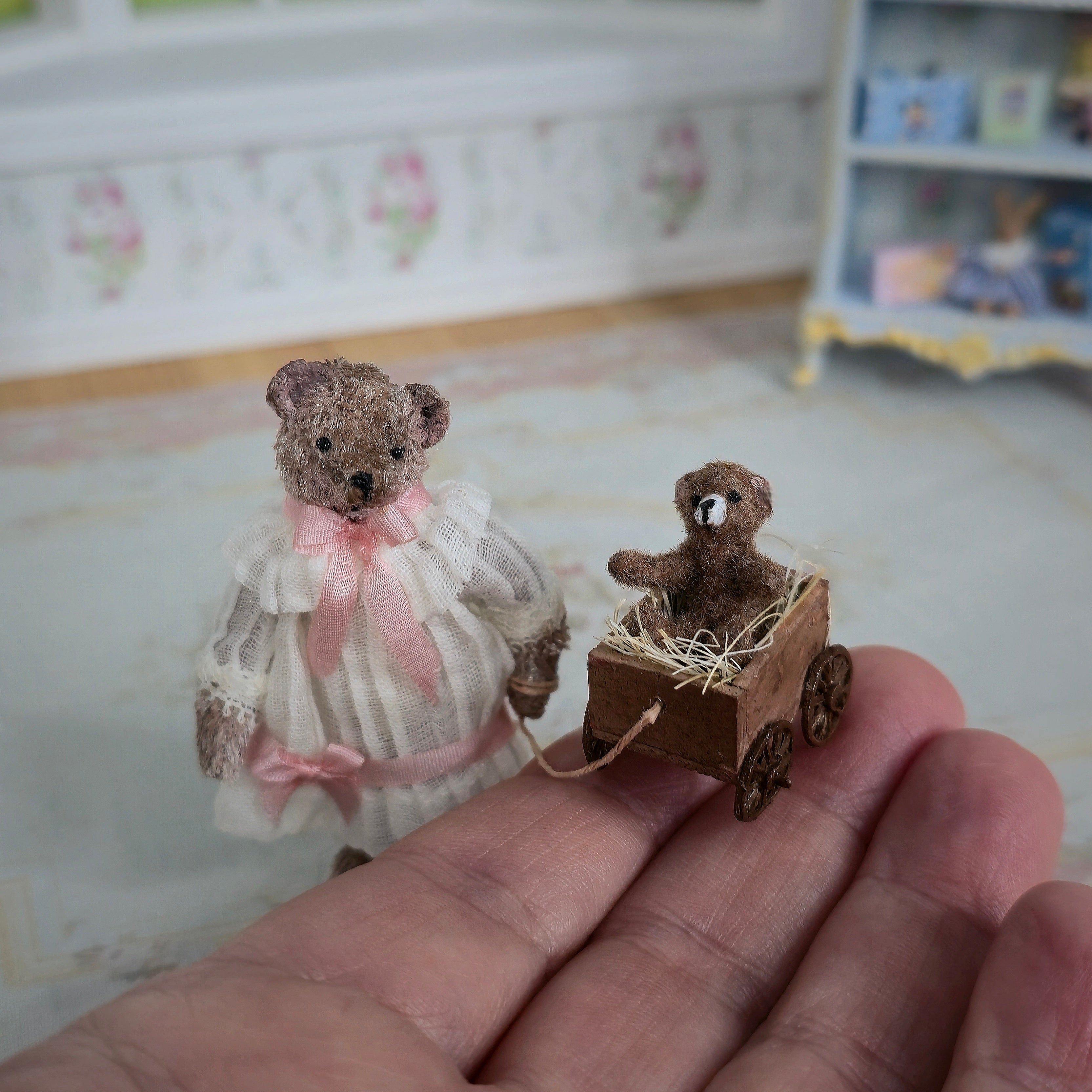 RESERVED JULIE D Le Coffre d'Emilie OOAK Edwardian Teddy Bear Sisters with Wagon France