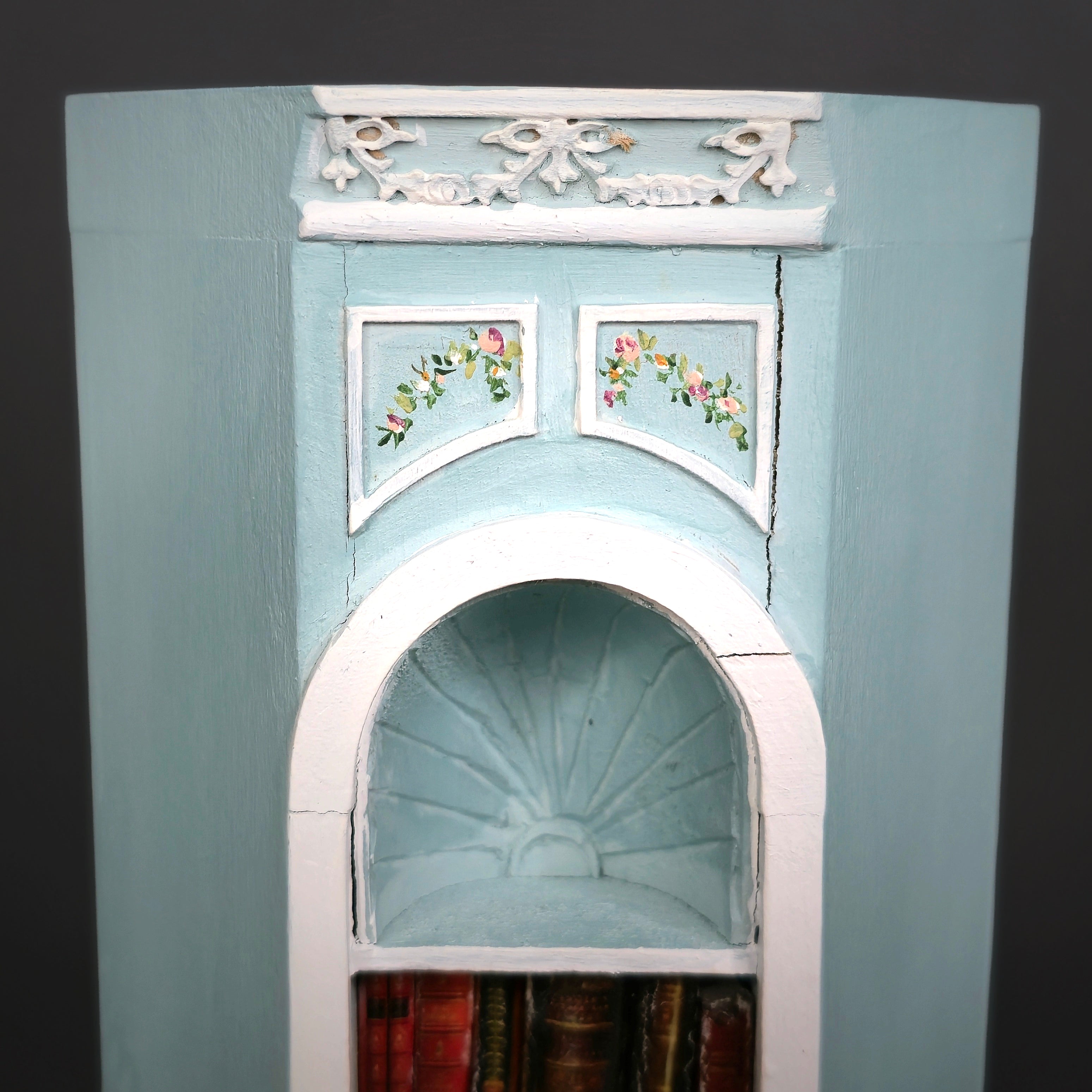 Aurearte Miniatures Blue Rococo Hand Painted Corner Bookshelf Wall 1:12 Spain