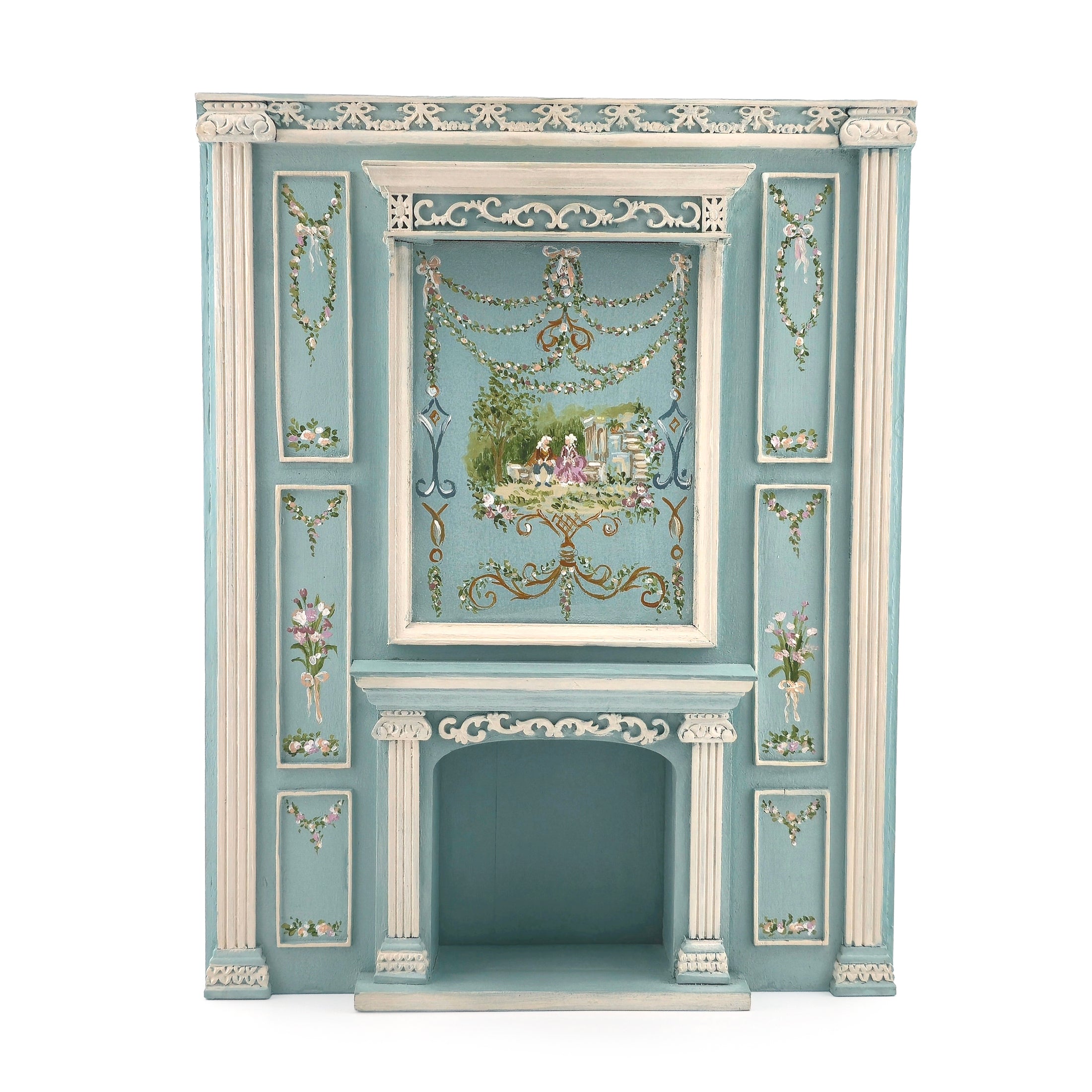 Aurearte Miniatures Blue Hand Painted Rococo Hand-Painted Fireplace Wall 1:12