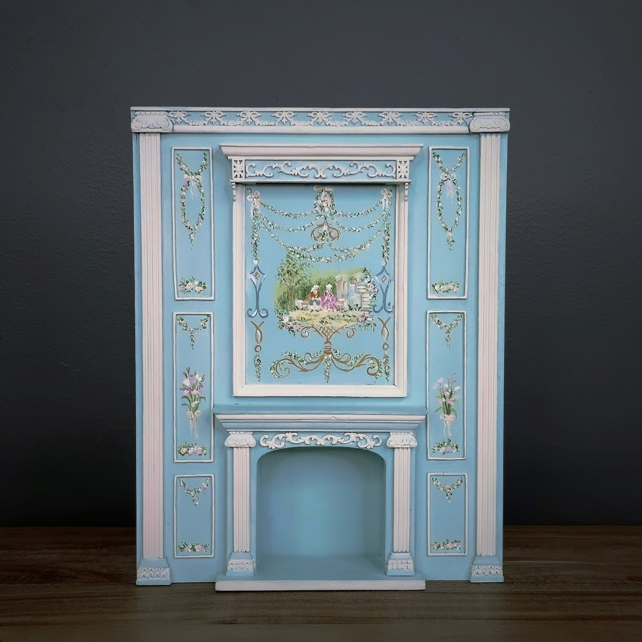 Aurearte Miniatures Blue Hand Painted Rococo Hand-Painted Fireplace Wall 1:12