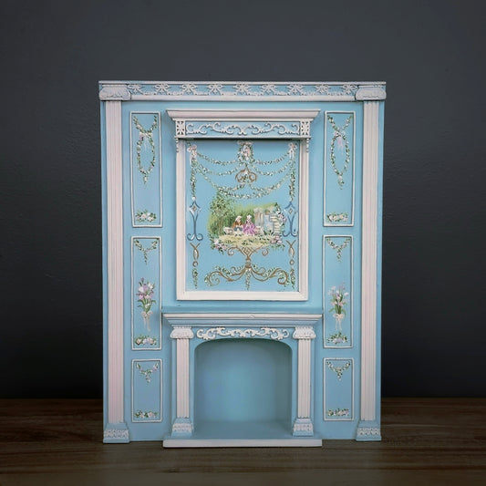Aurearte Miniatures Blue Hand Painted Rococo Hand-Painted Fireplace Wall 1:12