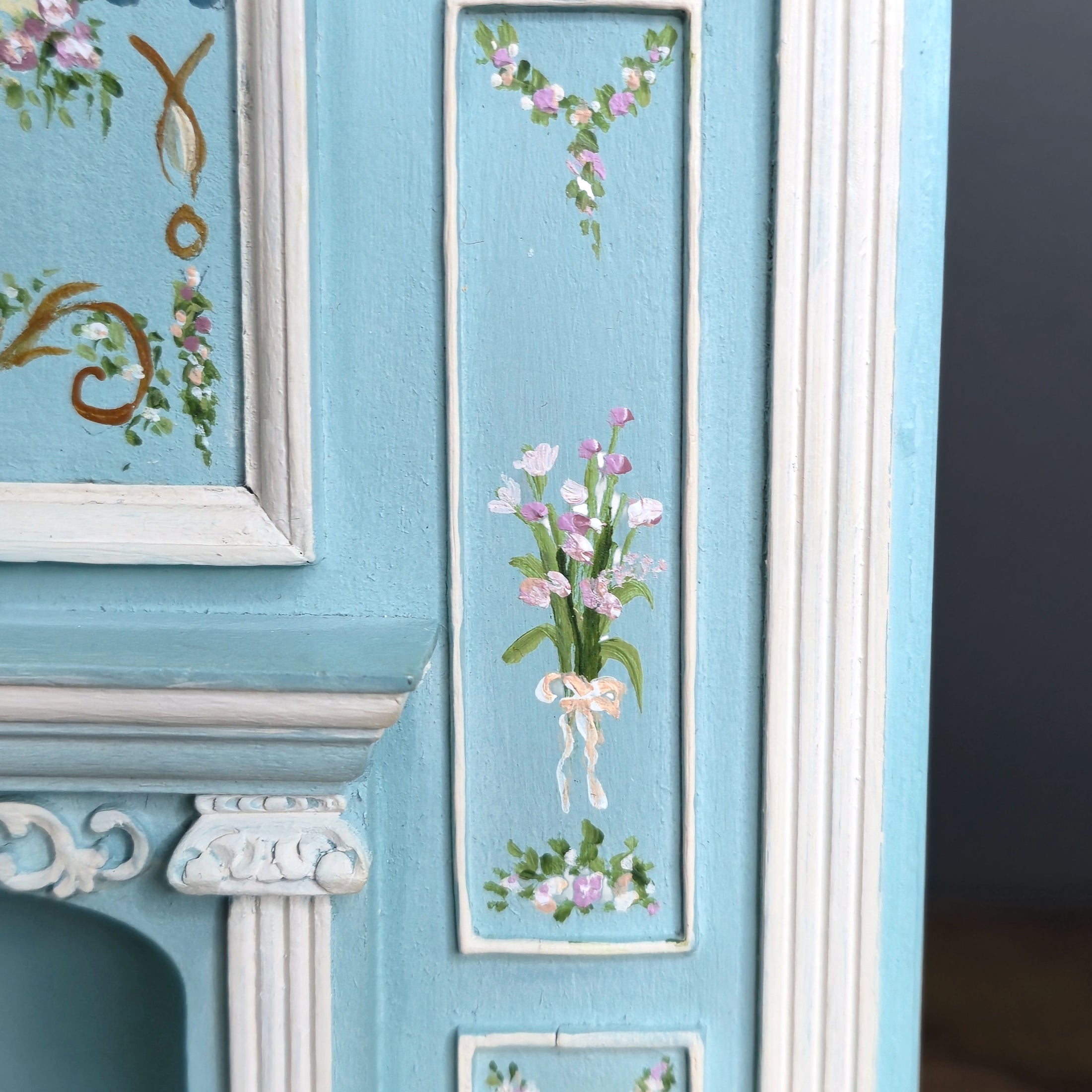 Aurearte Miniatures Blue Hand Painted Rococo Hand-Painted Fireplace Wall 1:12