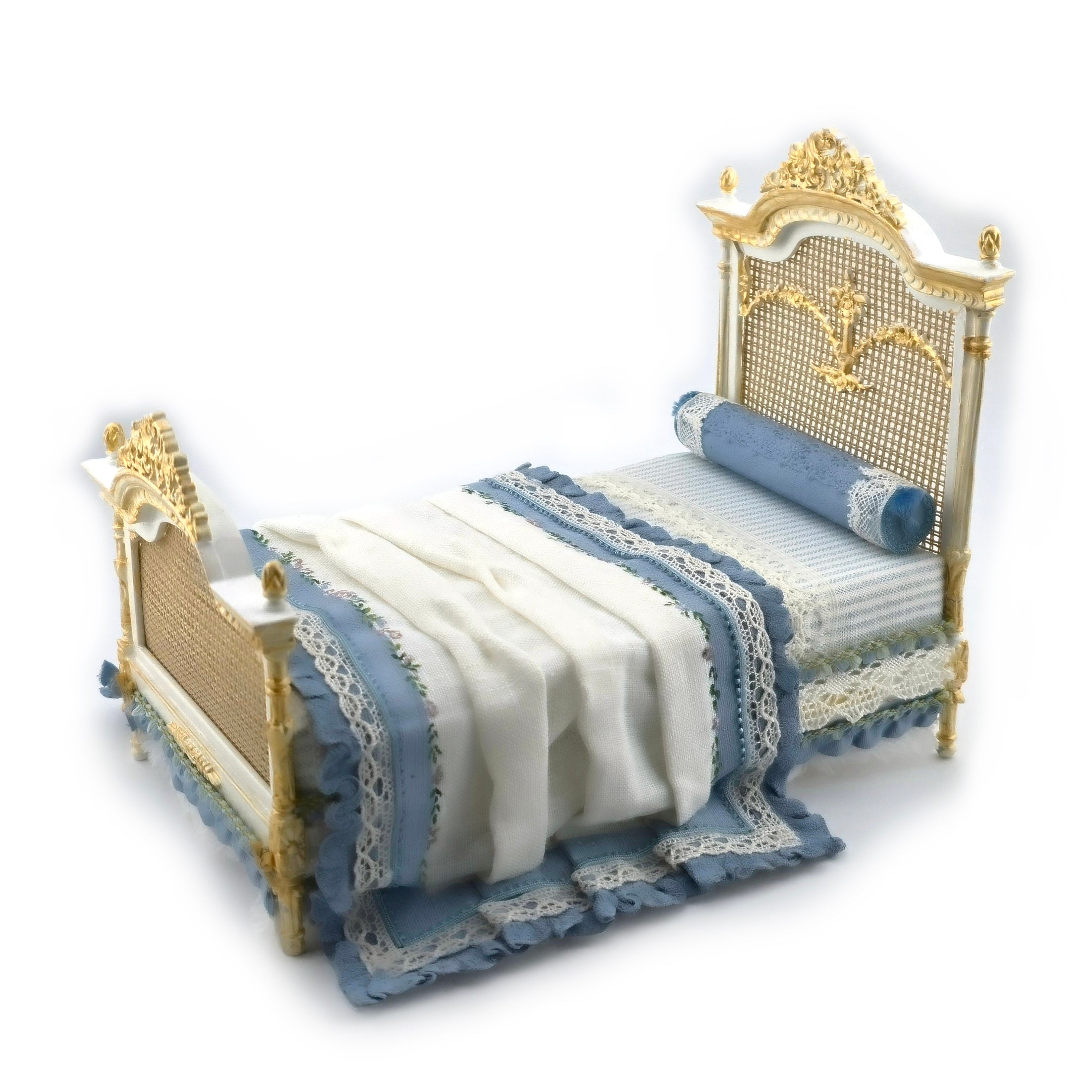 Aurearte Miniatures OOAK Gilt Rattan Bed With Hand Painted Blue Lace & Ribbon Bedding Spain