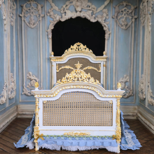 Aurearte Miniatures OOAK Gilt Rattan Bed With Hand Painted Blue Lace & Ribbon Bedding Spain
