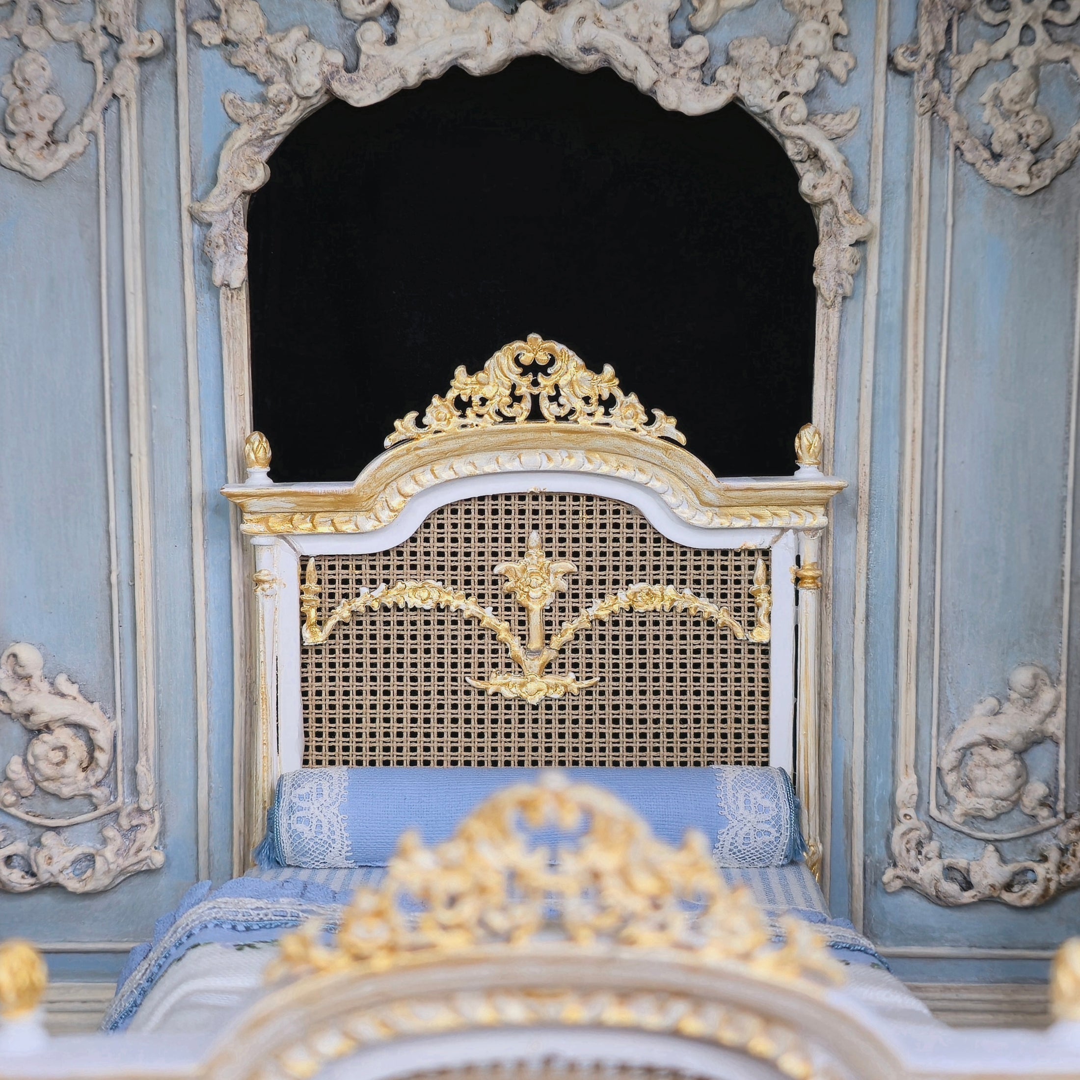 Aurearte Miniatures OOAK Gilt Rattan Bed With Hand Painted Blue Lace & Ribbon Bedding Spain