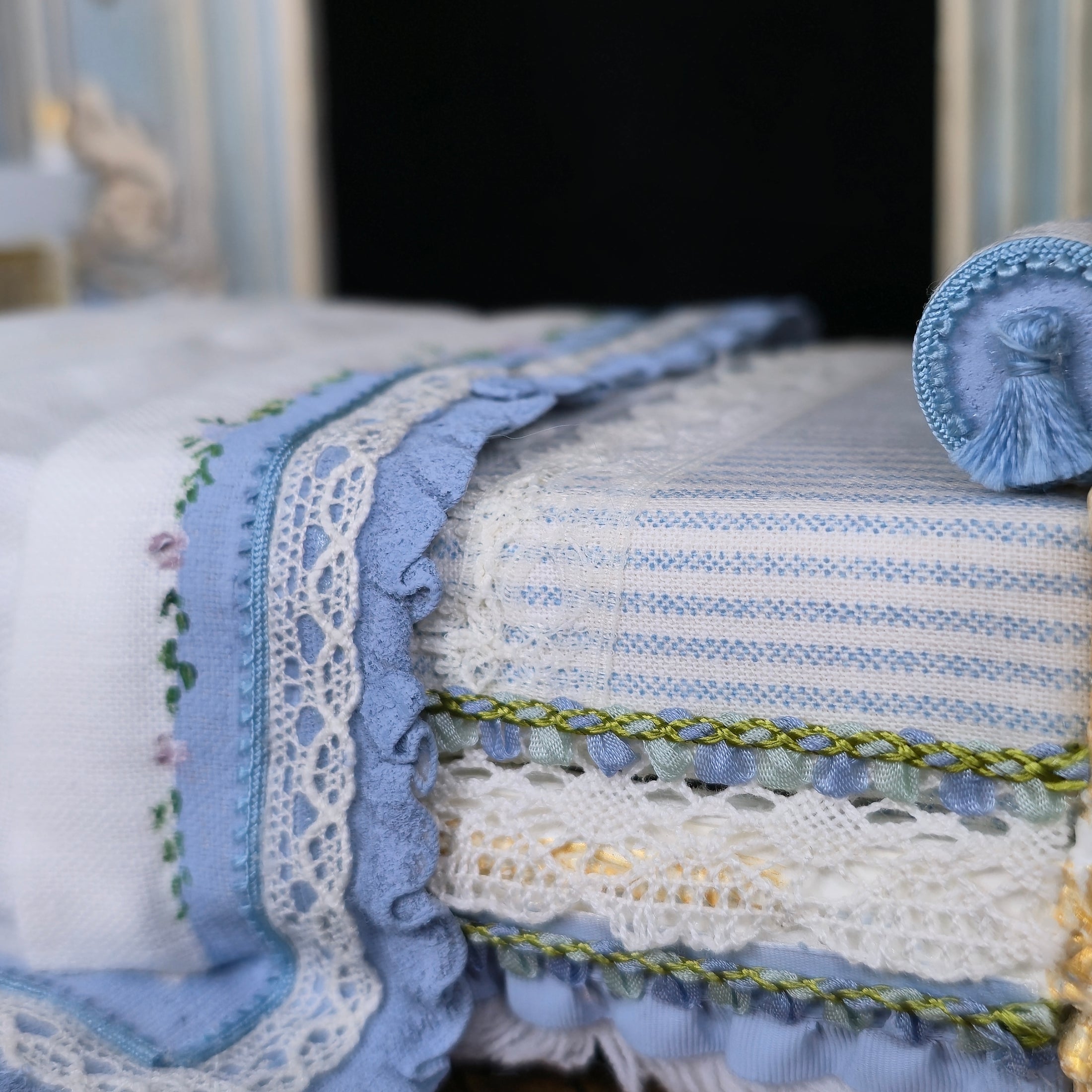 Aurearte Miniatures OOAK Gilt Rattan Bed With Hand Painted Blue Lace & Ribbon Bedding Spain