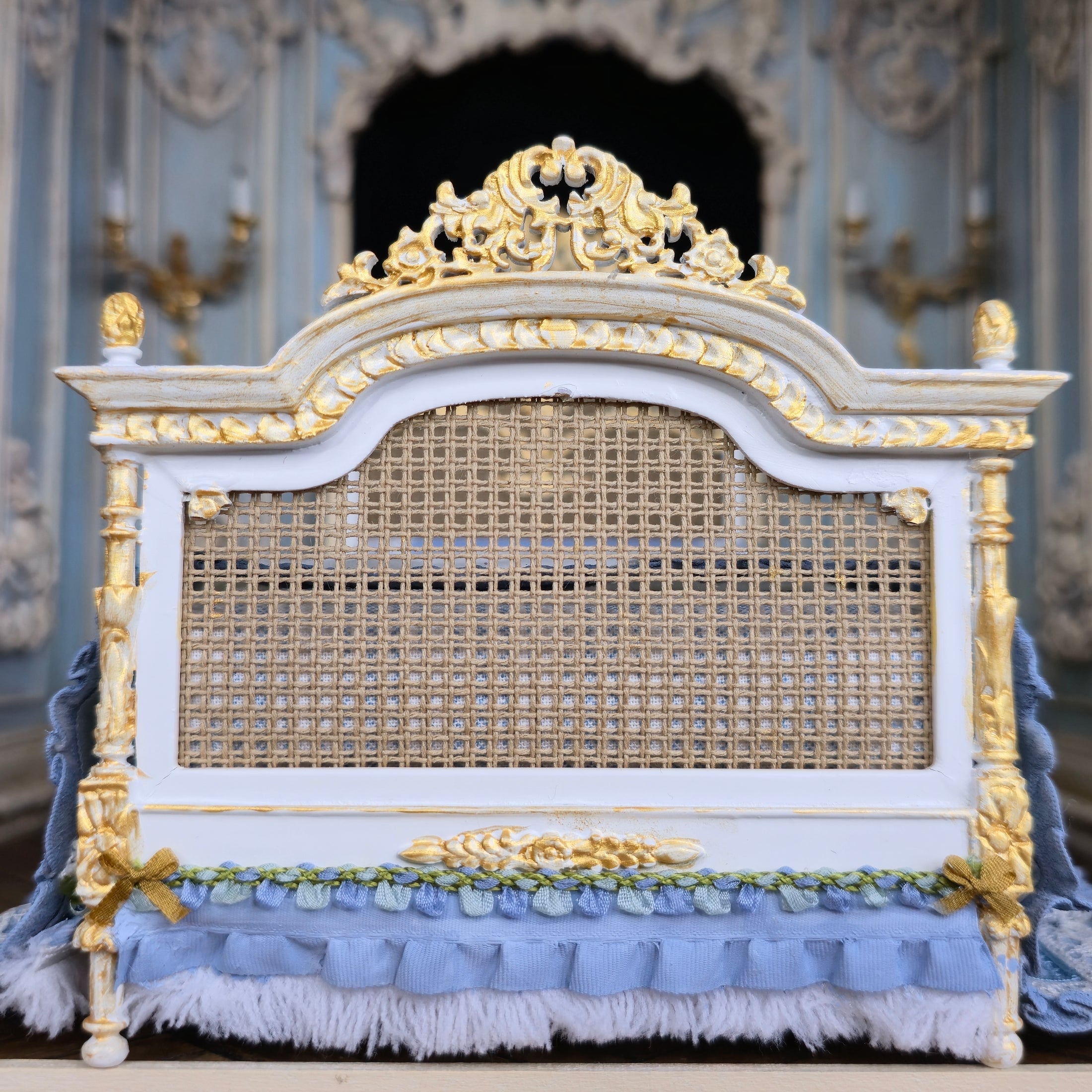 Aurearte Miniatures OOAK Gilt Rattan Bed With Hand Painted Blue Lace & Ribbon Bedding Spain