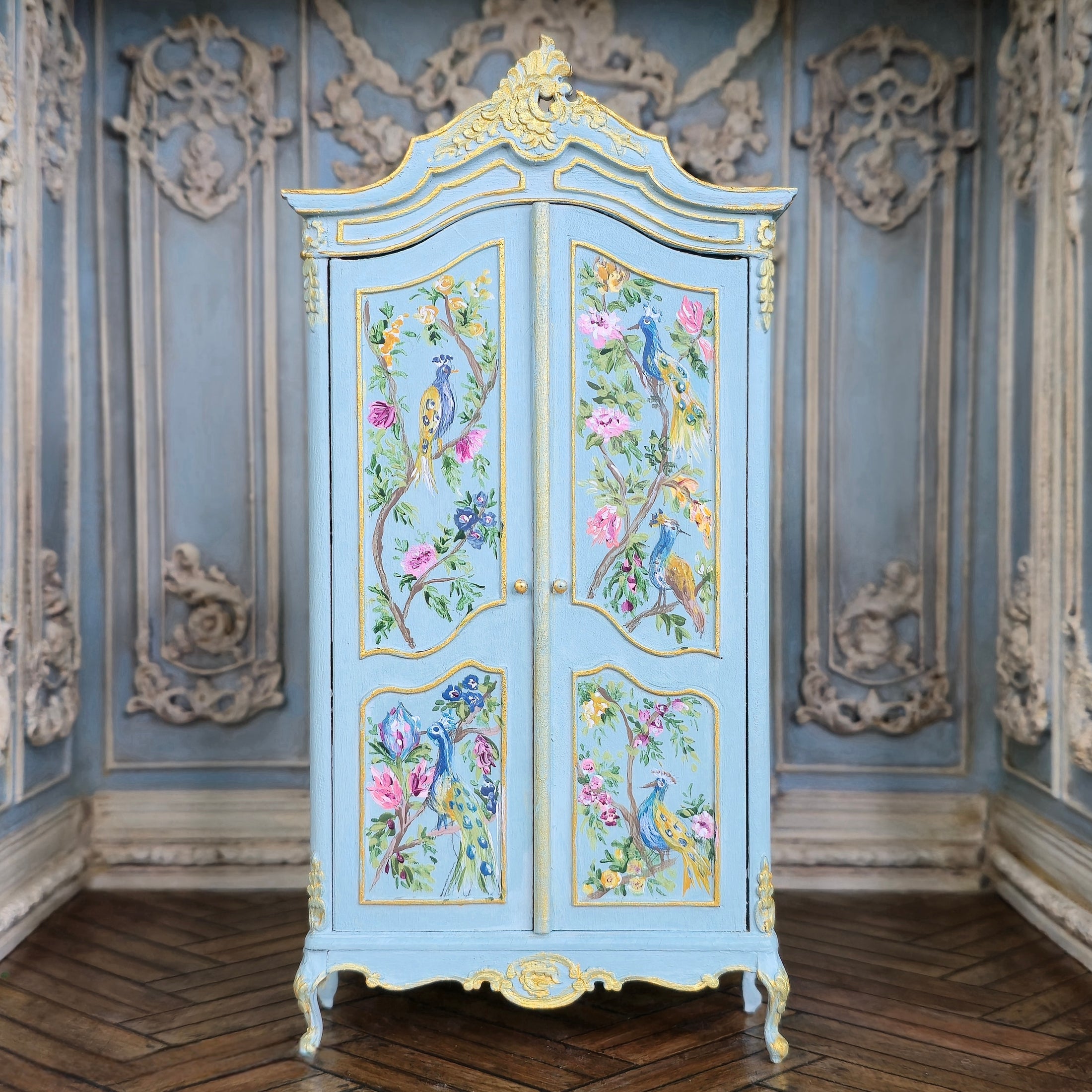 Aurearte Miniatures OOAK Blue Gilt Hand Painted Peacock Armoire Cabinet Spain