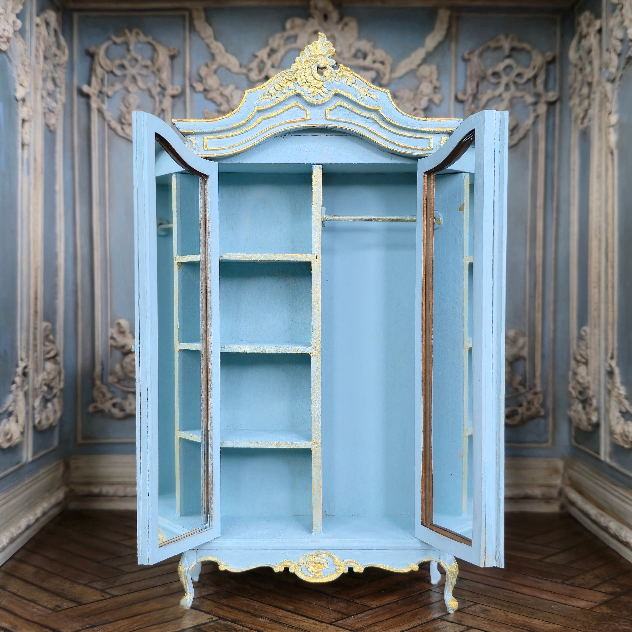 Aurearte Miniatures OOAK Blue Gilt Hand Painted Peacock Armoire Cabinet Spain