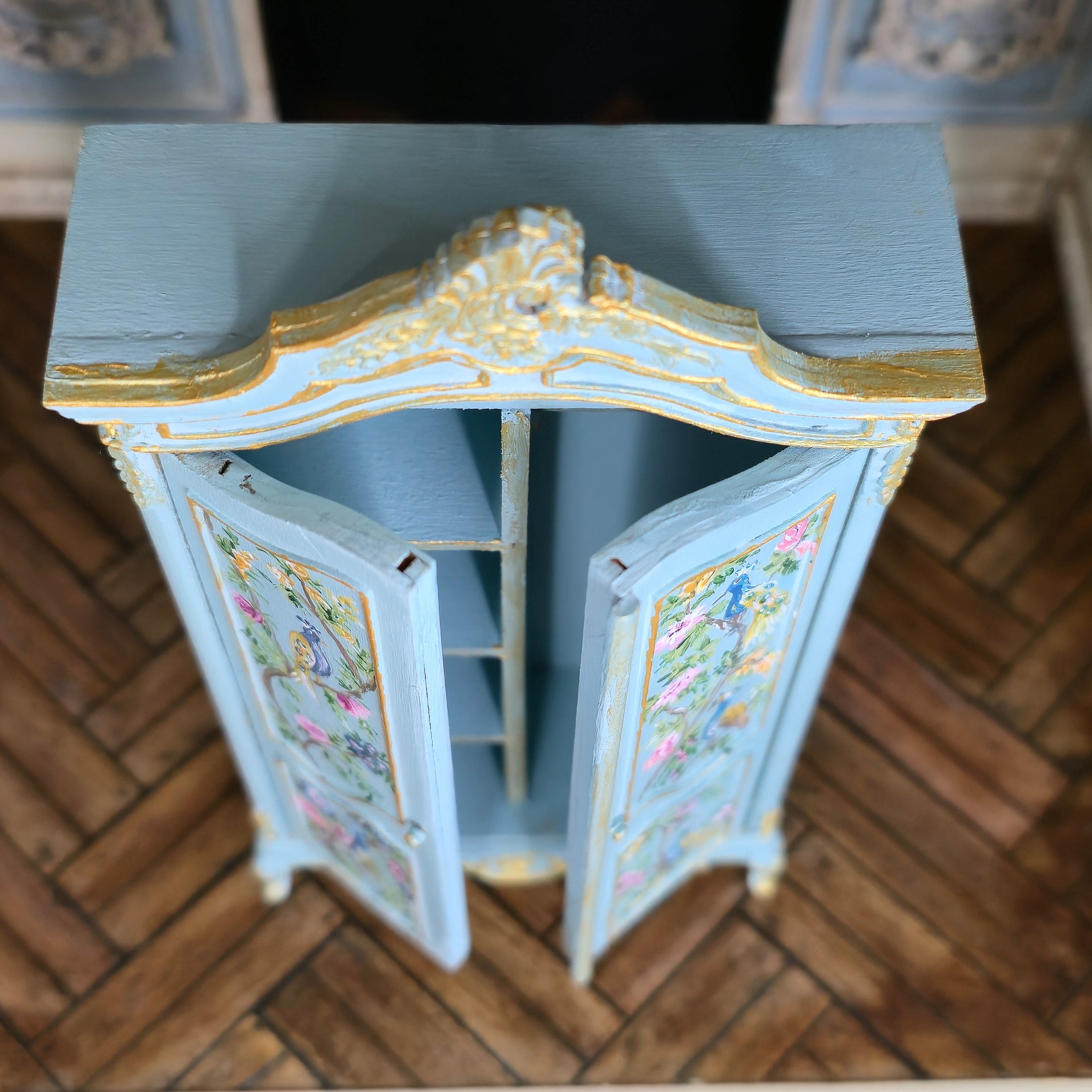 Aurearte Miniatures OOAK Blue Gilt Hand Painted Peacock Armoire Cabinet Spain