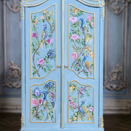 Aurearte Miniatures OOAK Blue Gilt Hand Painted Peacock Armoire Cabinet Spain