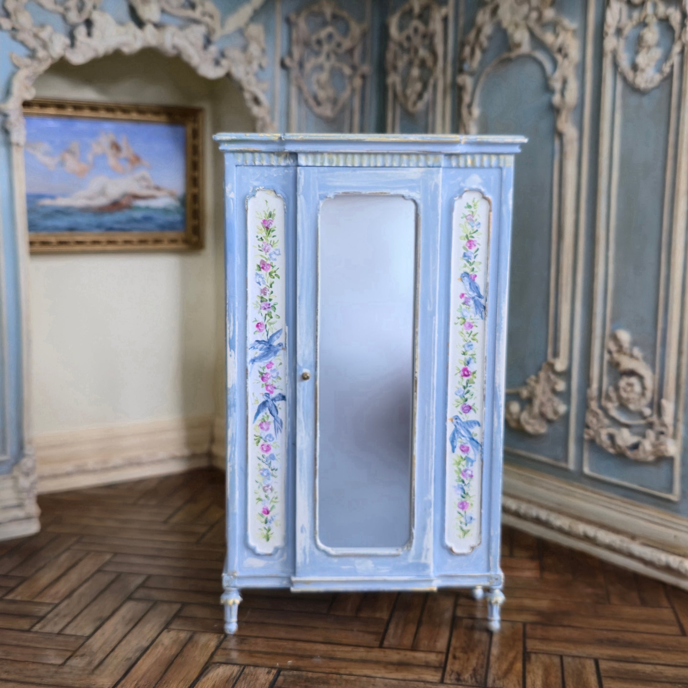 Aurearte Miniatures OOAK Gilt Blue Hand Painted Bird Armoire Cabinet Spain