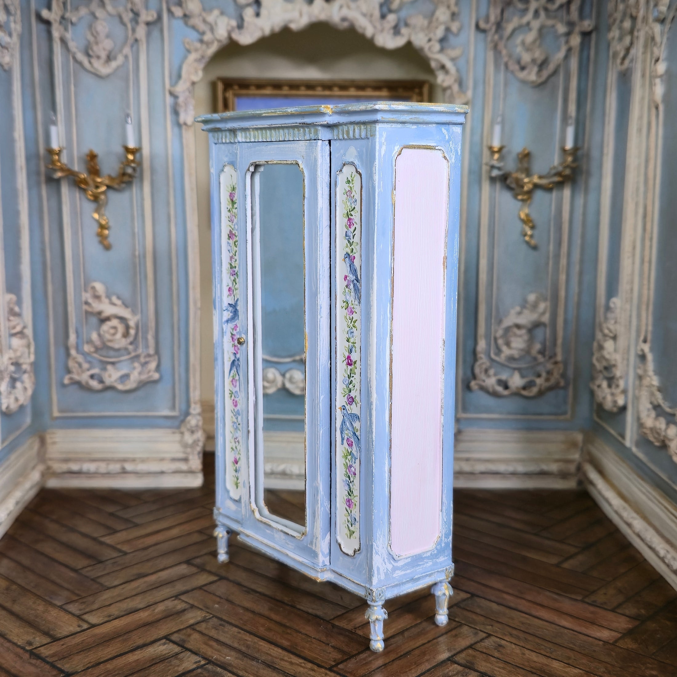 Aurearte Miniatures OOAK Gilt Blue Hand Painted Bird Armoire Cabinet Spain