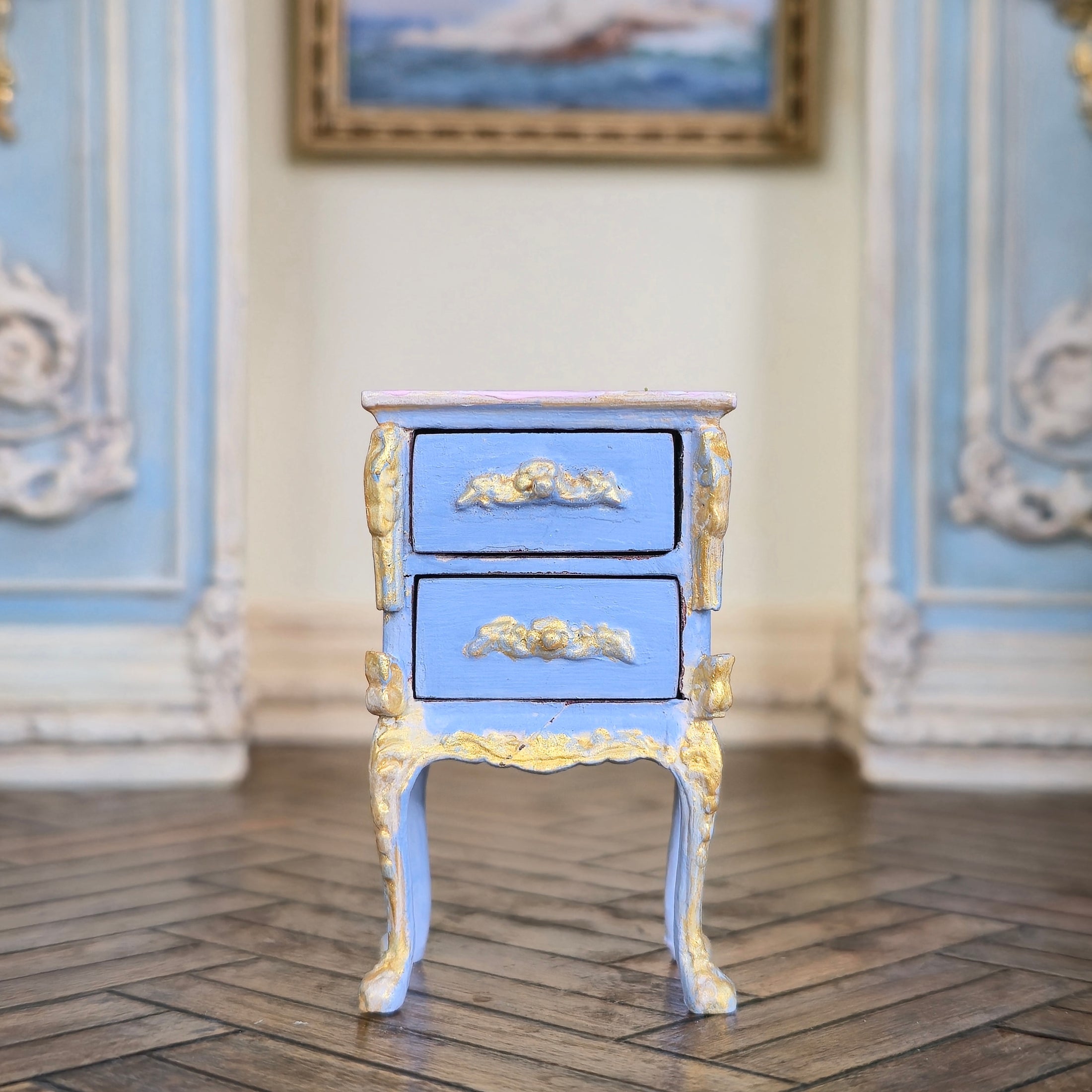 Aurearte Miniatures OOAK Hand Painted Gilt Blue Antique Style Bedside Table