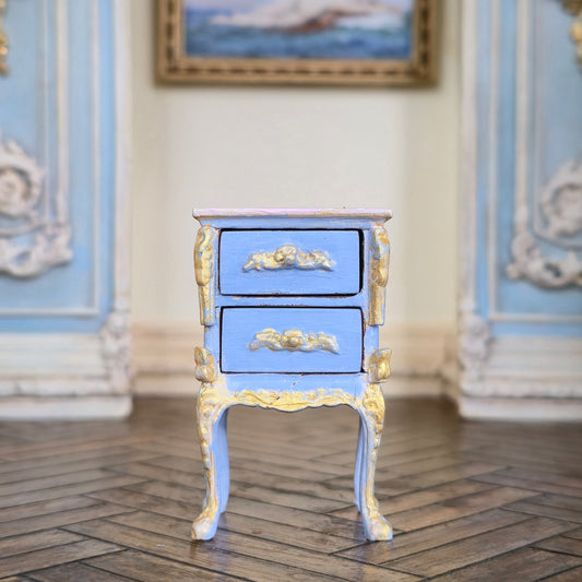 Aurearte Miniatures OOAK Hand Painted Gilt Blue Antique Style Bedside Table