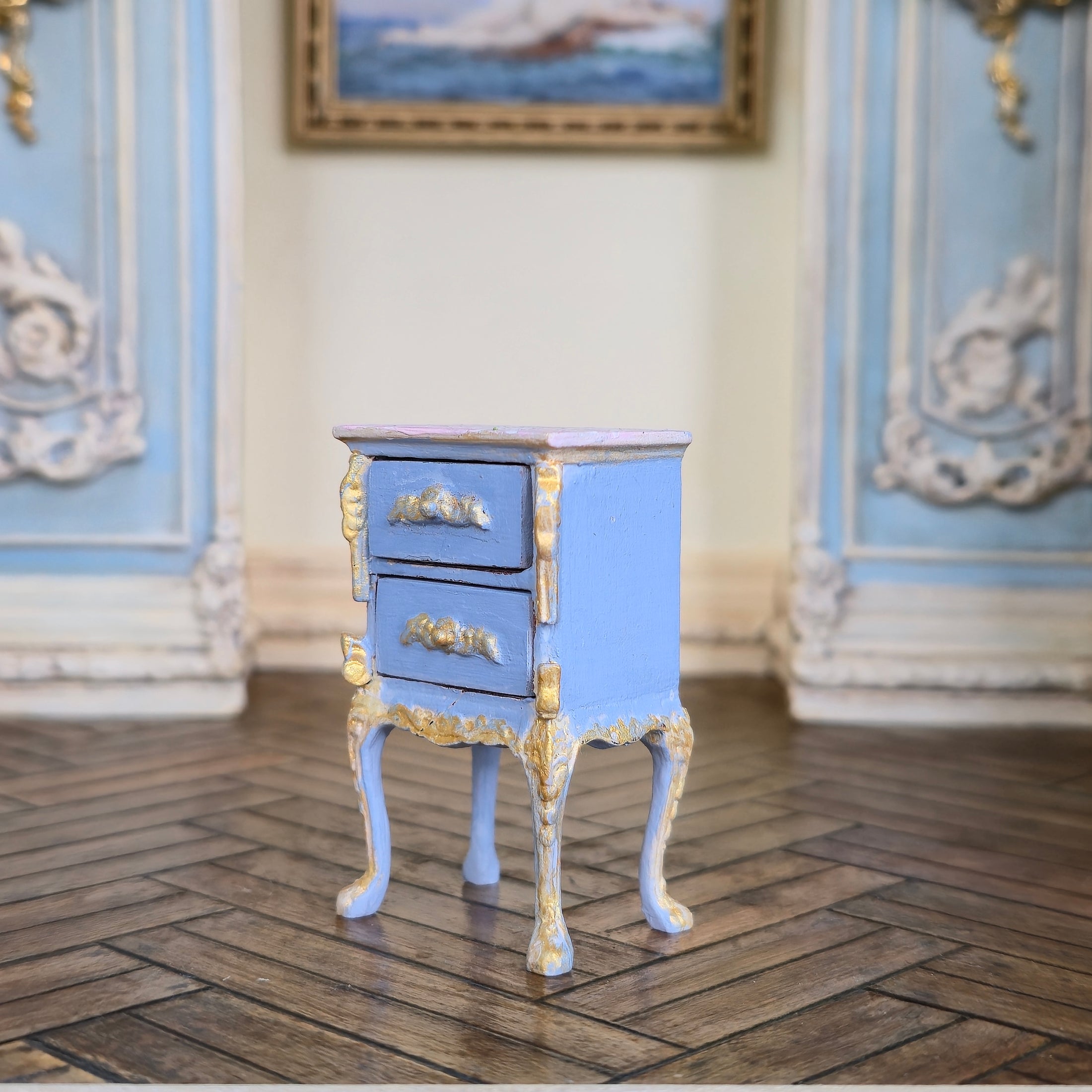 Aurearte Miniatures OOAK Hand Painted Gilt Blue Antique Style Bedside Table