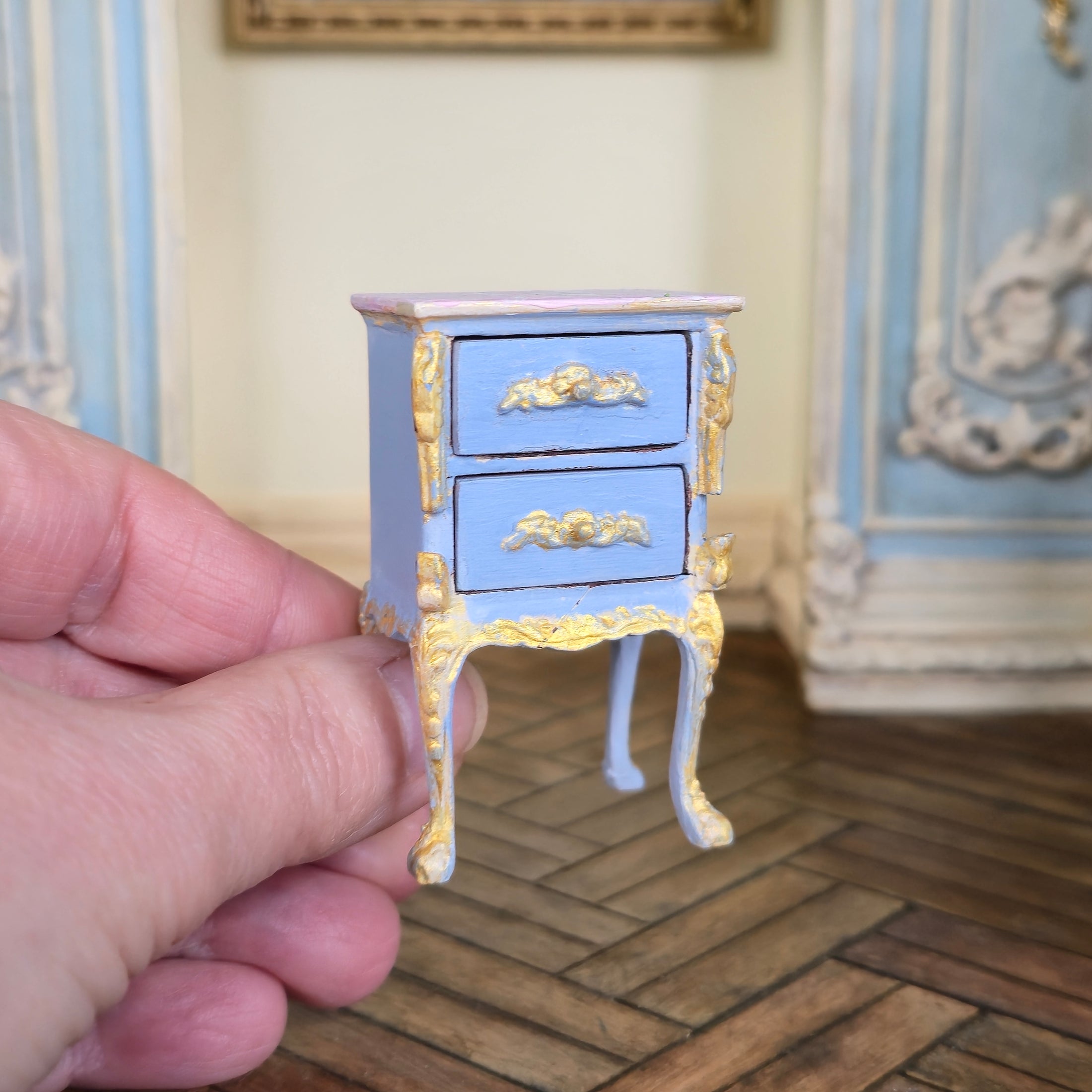 Aurearte Miniatures OOAK Hand Painted Gilt Blue Antique Style Bedside Table