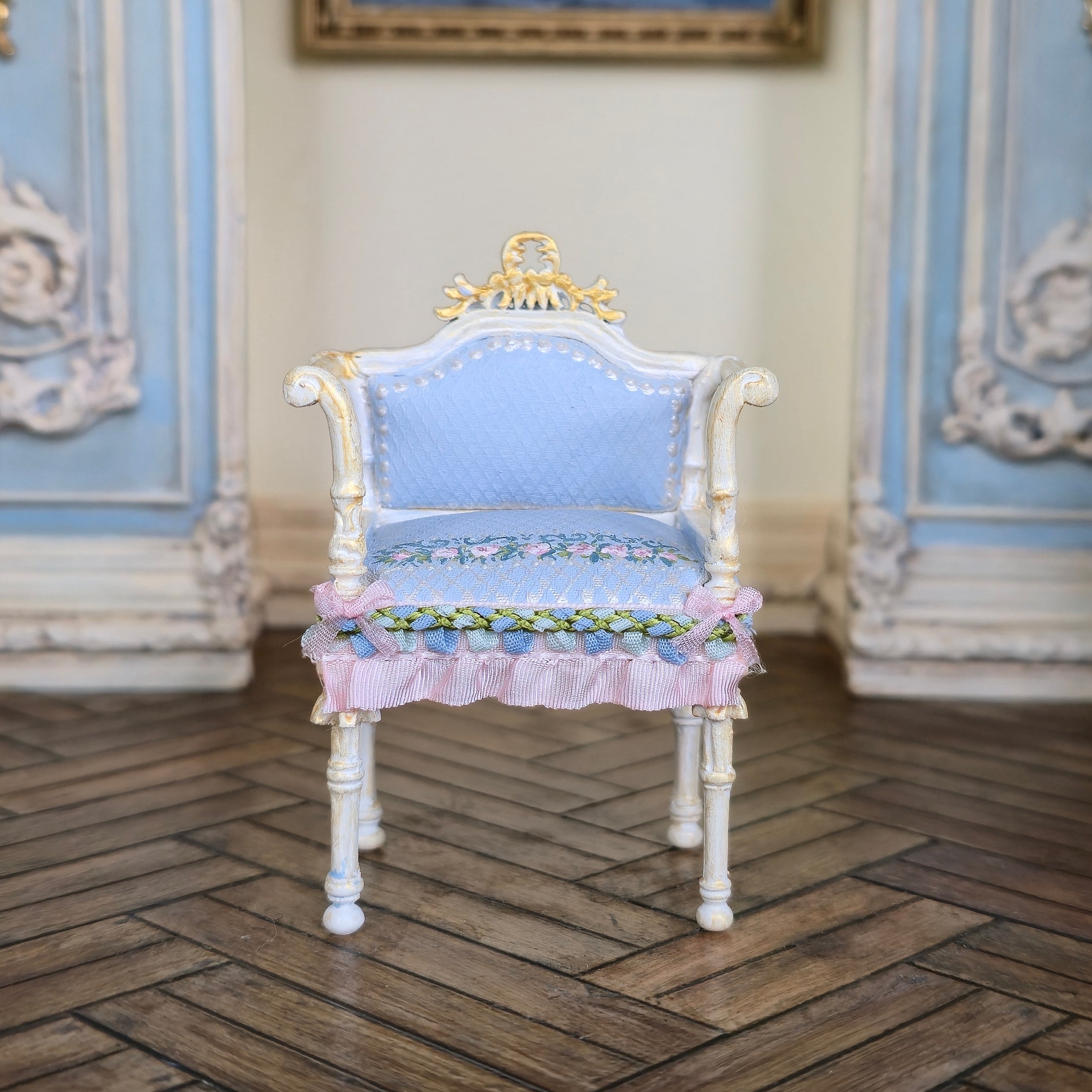 Aurearte Miniatures OOAK Hand Painted Upholstery Gilt Ivory Vanity Chair