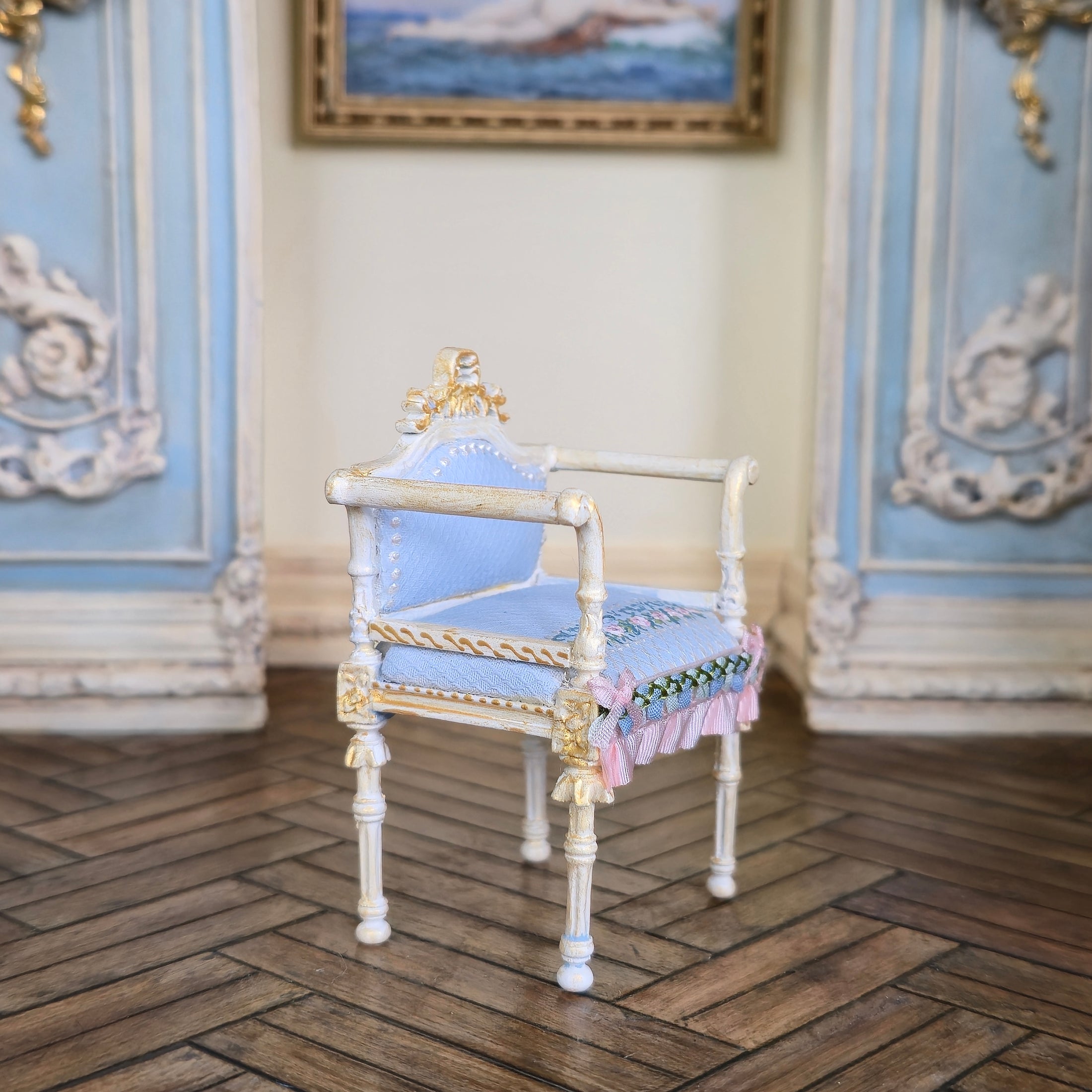 Aurearte Miniatures OOAK Hand Painted Upholstery Gilt Ivory Vanity Chair
