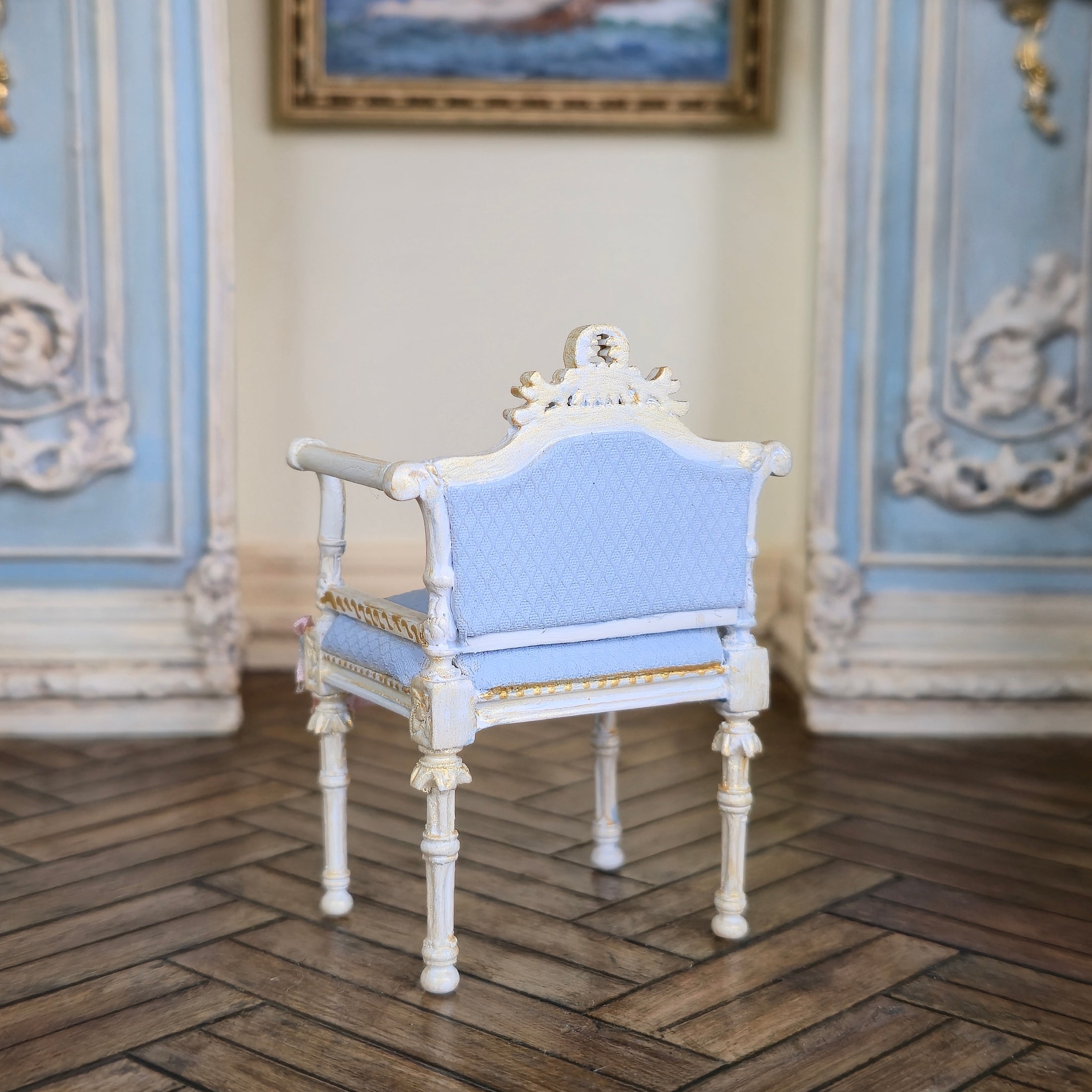 Aurearte Miniatures OOAK Hand Painted Upholstery Gilt Ivory Vanity Chair