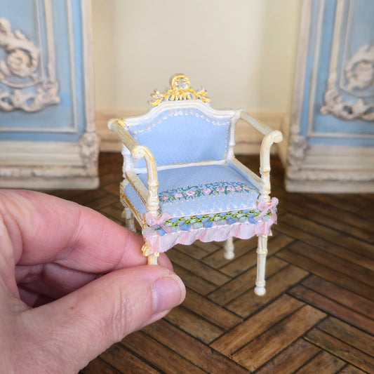 Aurearte Miniatures OOAK Hand Painted Upholstery Gilt Ivory Vanity Chair
