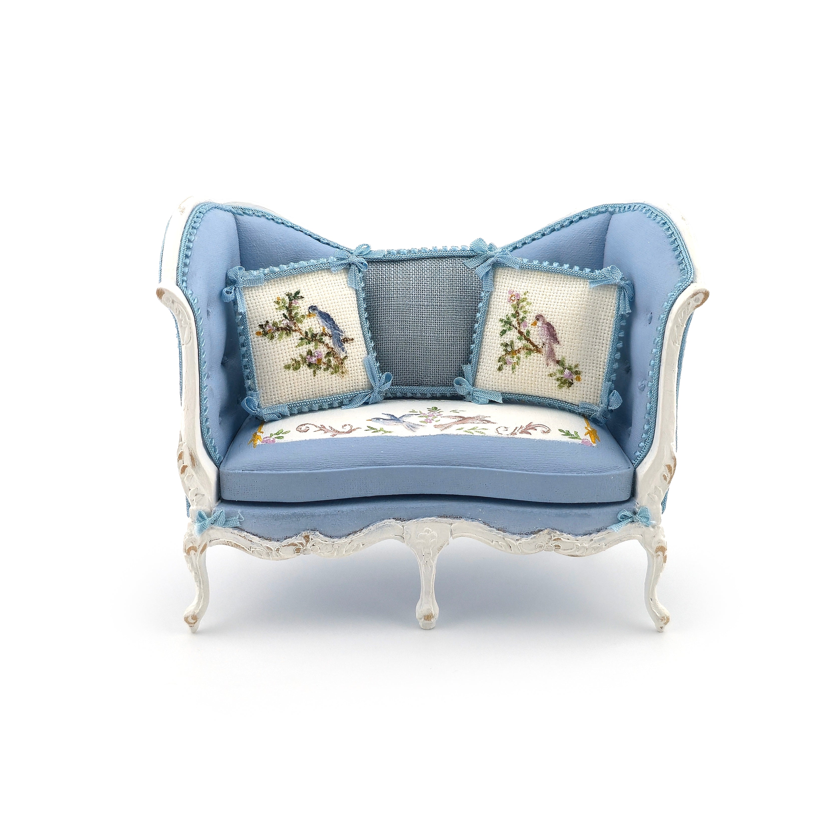 Aurearte Miniatures OOAK Hand Painted Blue Upholstered Settee Sofa with Pillows