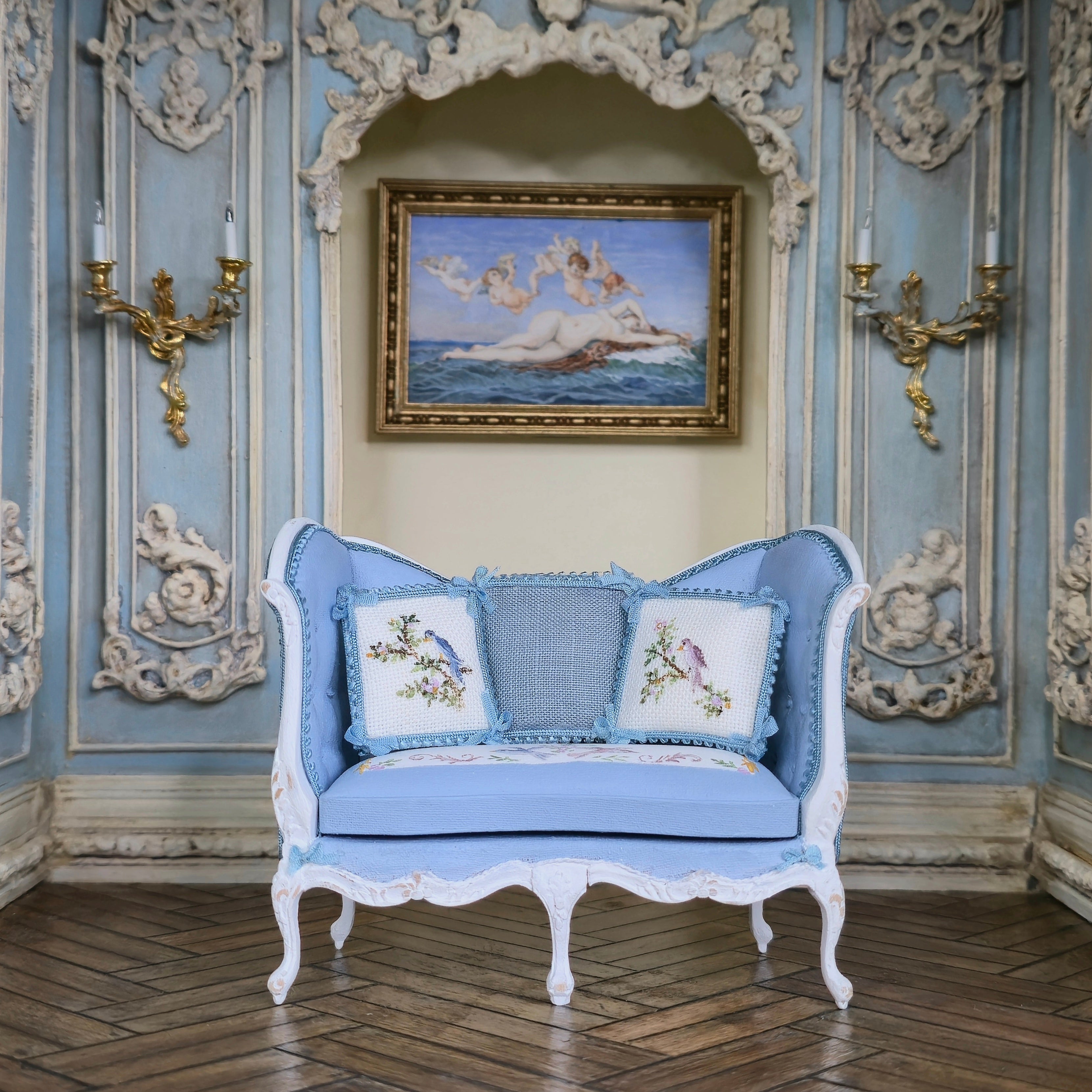 Aurearte Miniatures OOAK Hand Painted Blue Upholstered Settee Sofa with Pillows