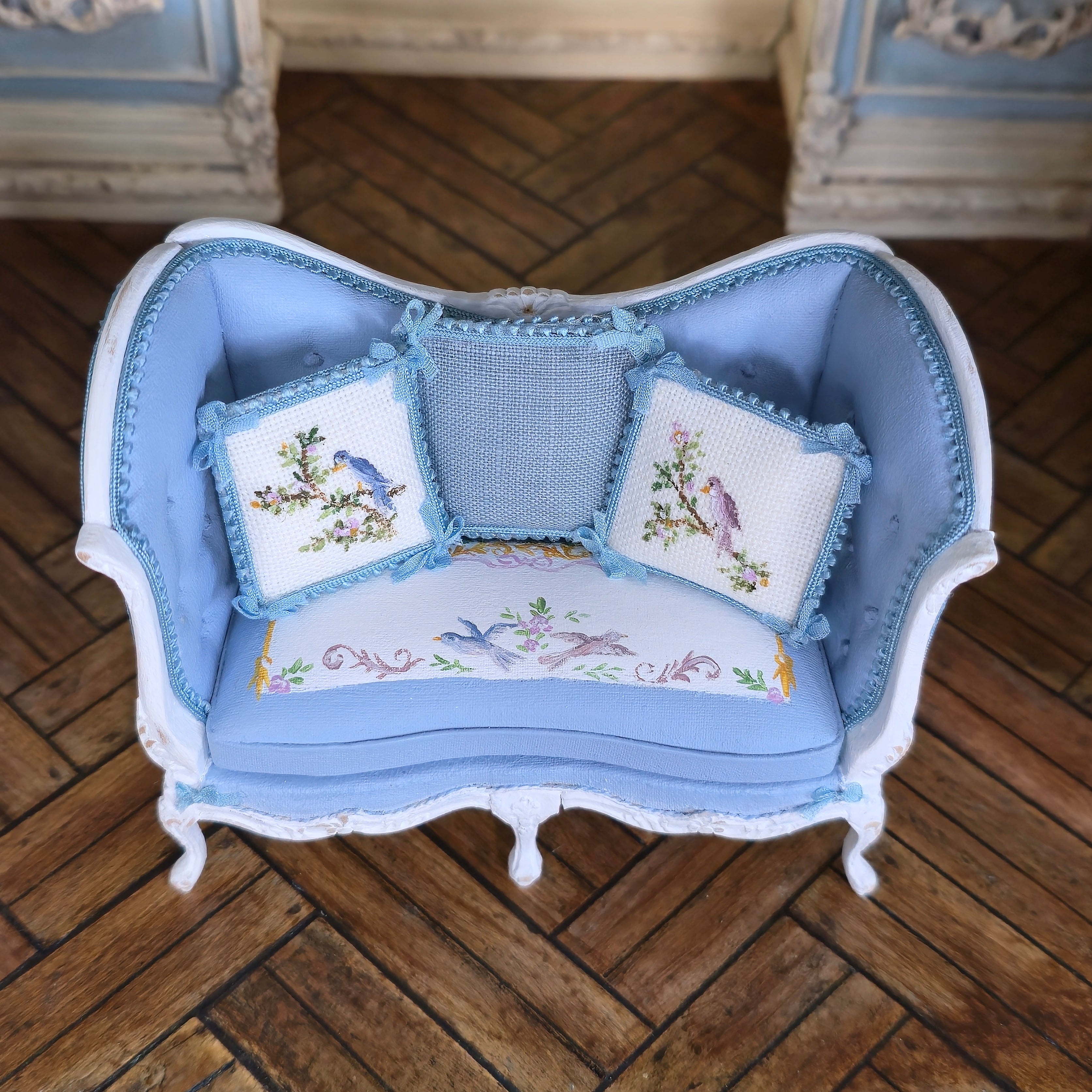 Aurearte Miniatures OOAK Hand Painted Blue Upholstered Settee Sofa with Pillows