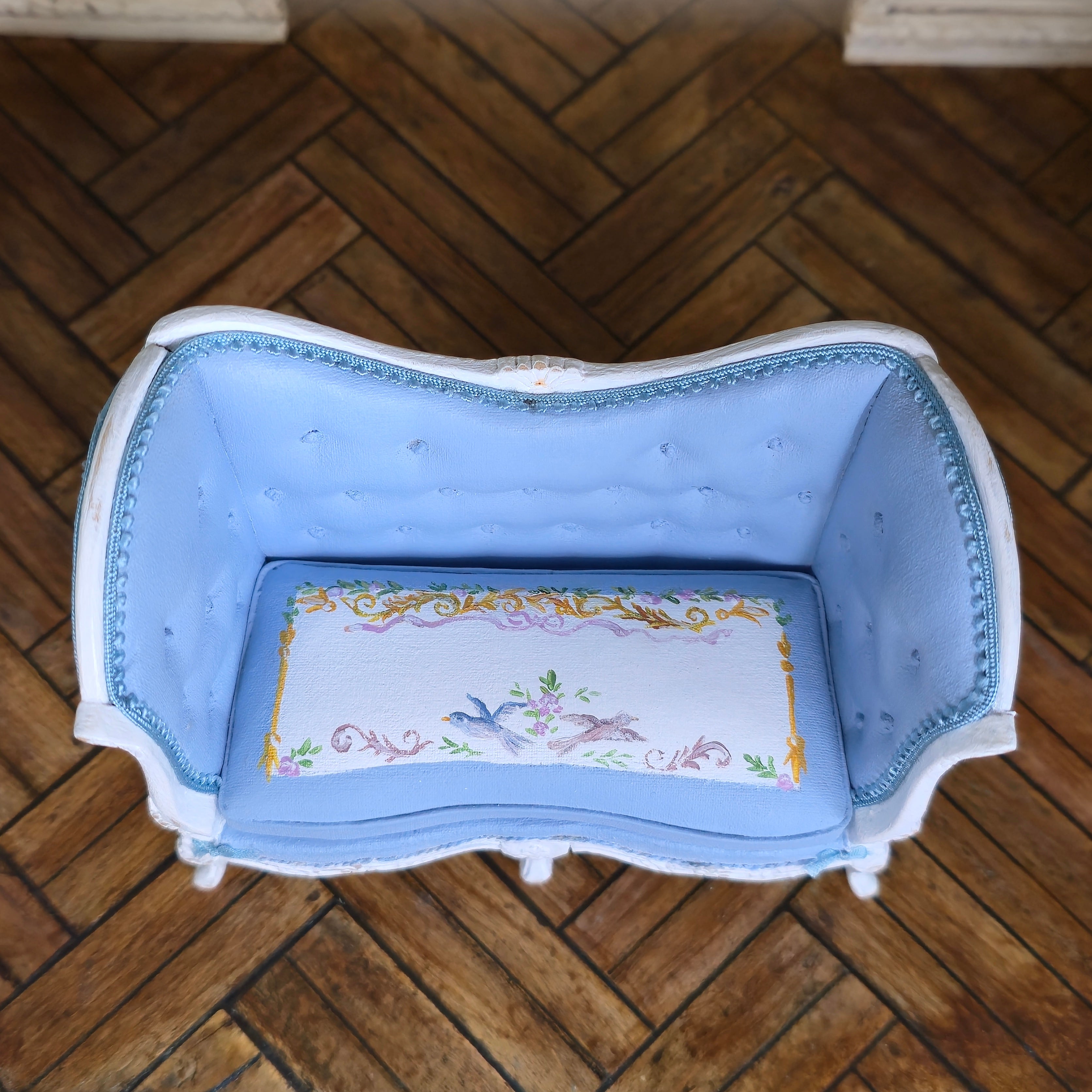 Aurearte Miniatures OOAK Hand Painted Blue Upholstered Settee Sofa with Pillows