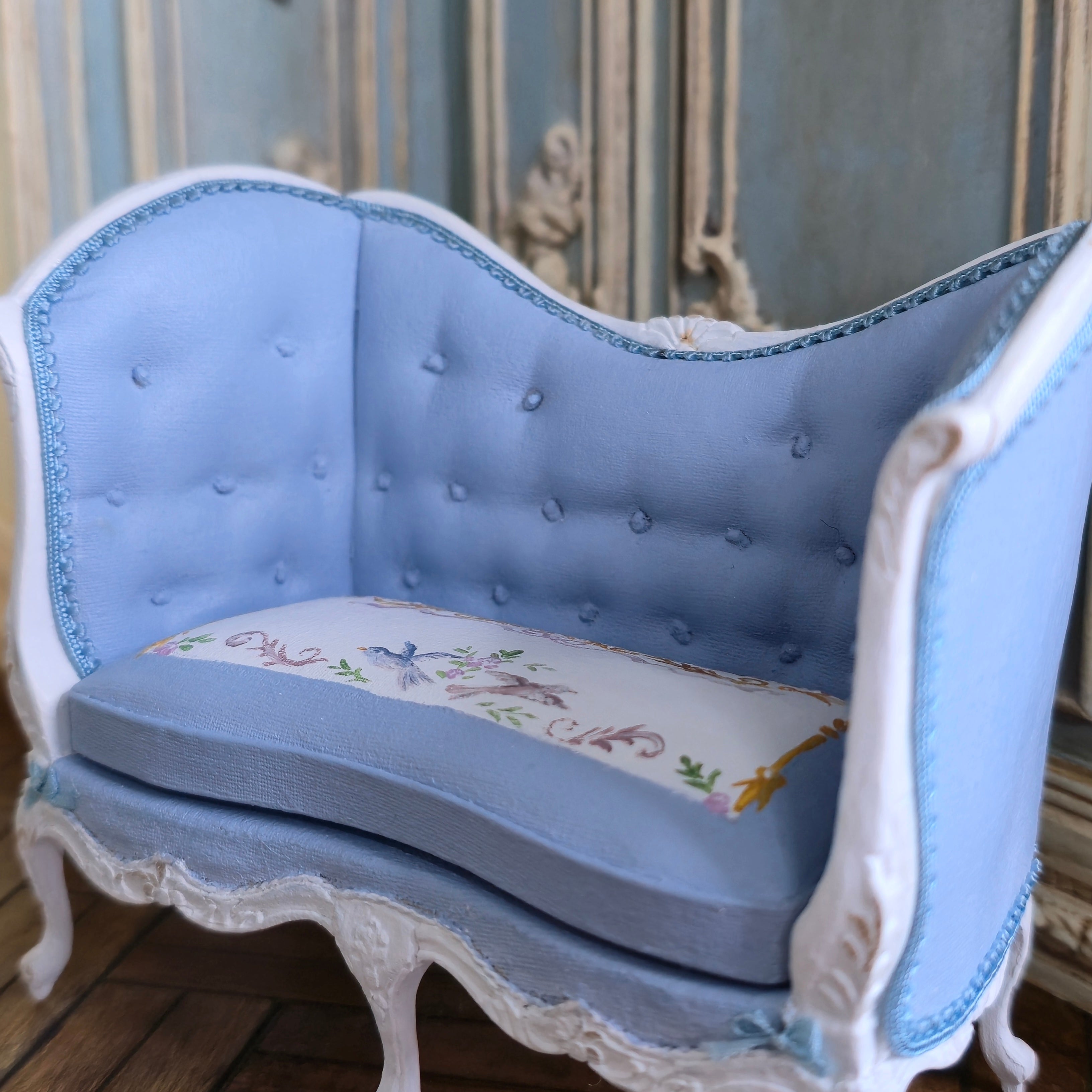 Aurearte Miniatures OOAK Hand Painted Blue Upholstered Settee Sofa with Pillows
