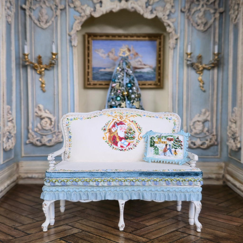 Aurearte Miniatures OOAK Victorian Christmas Santa Hand Painted Settee with Pillow