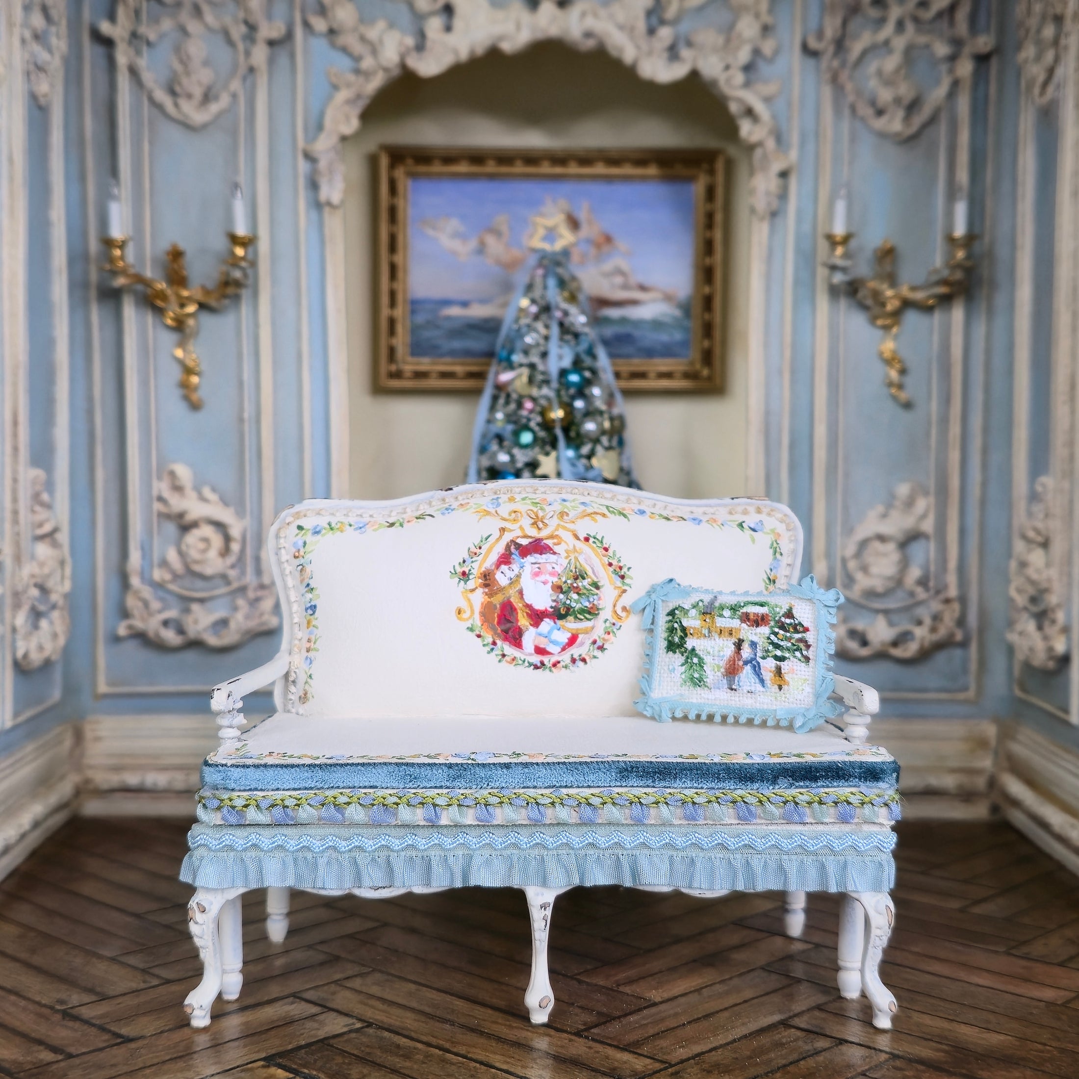 Aurearte Miniatures OOAK Victorian Christmas Santa Hand Painted Settee with Pillow