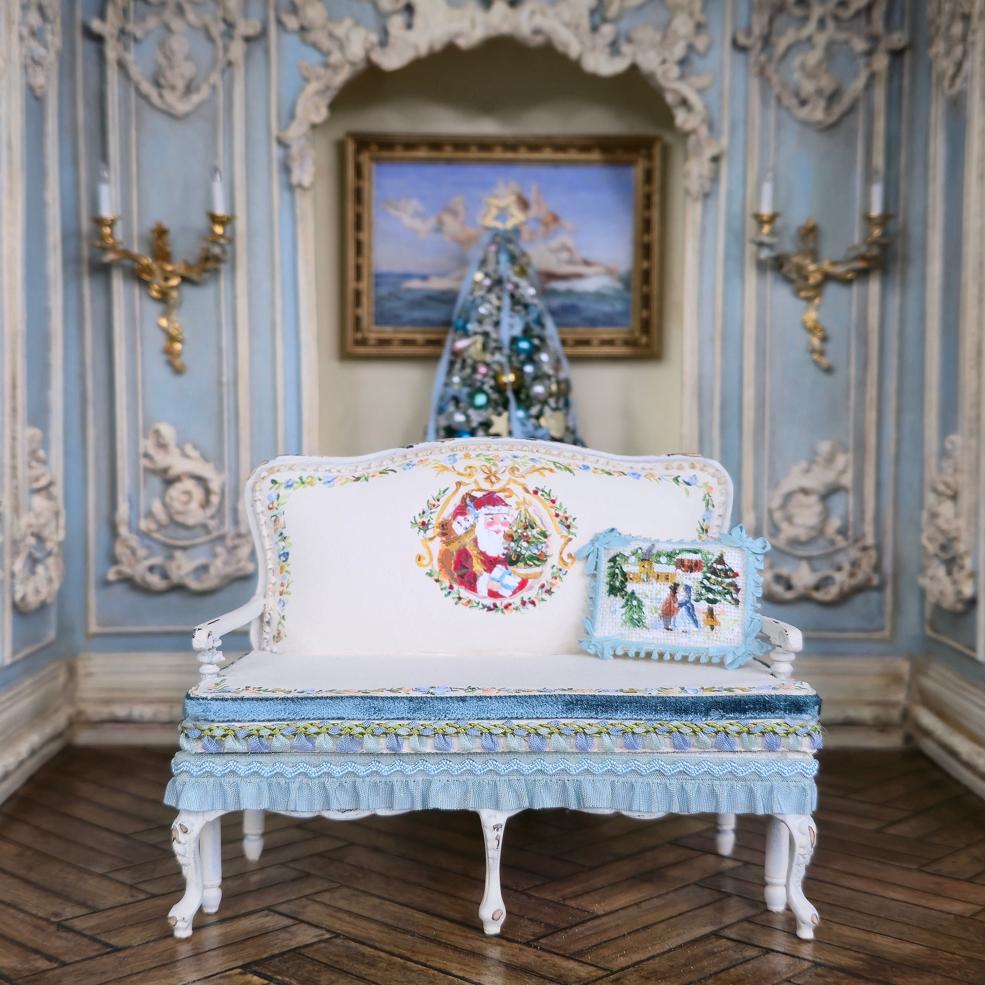 Aurearte Miniatures OOAK Victorian Christmas Santa Hand Painted Settee with Pillow