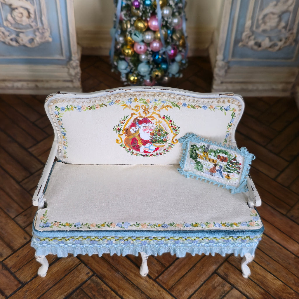Aurearte Miniatures OOAK Victorian Christmas Santa Hand Painted Settee with Pillow