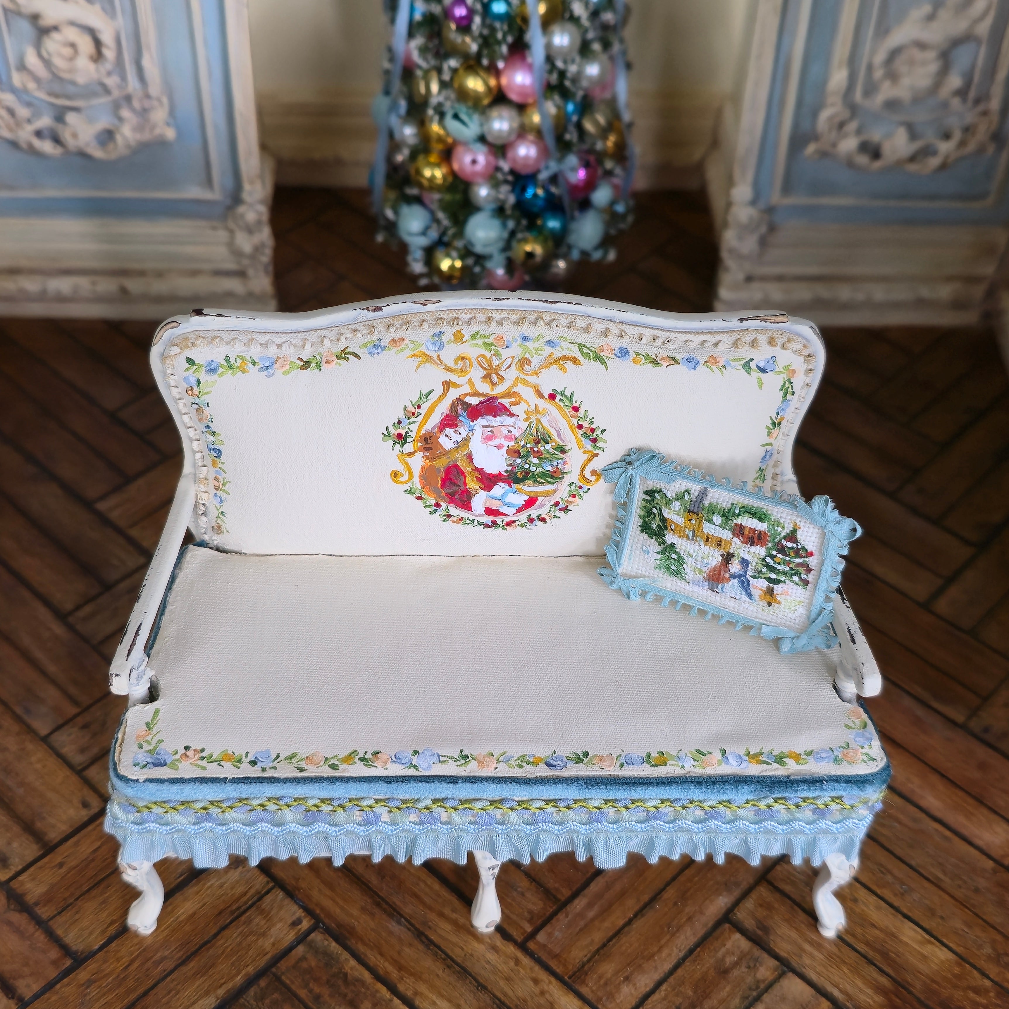 Aurearte Miniatures OOAK Victorian Christmas Santa Hand Painted Settee with Pillow