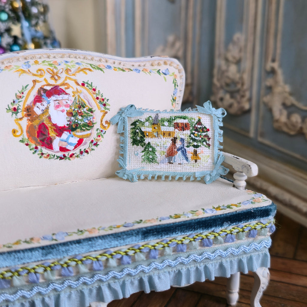 Aurearte Miniatures OOAK Victorian Christmas Santa Hand Painted Settee with Pillow
