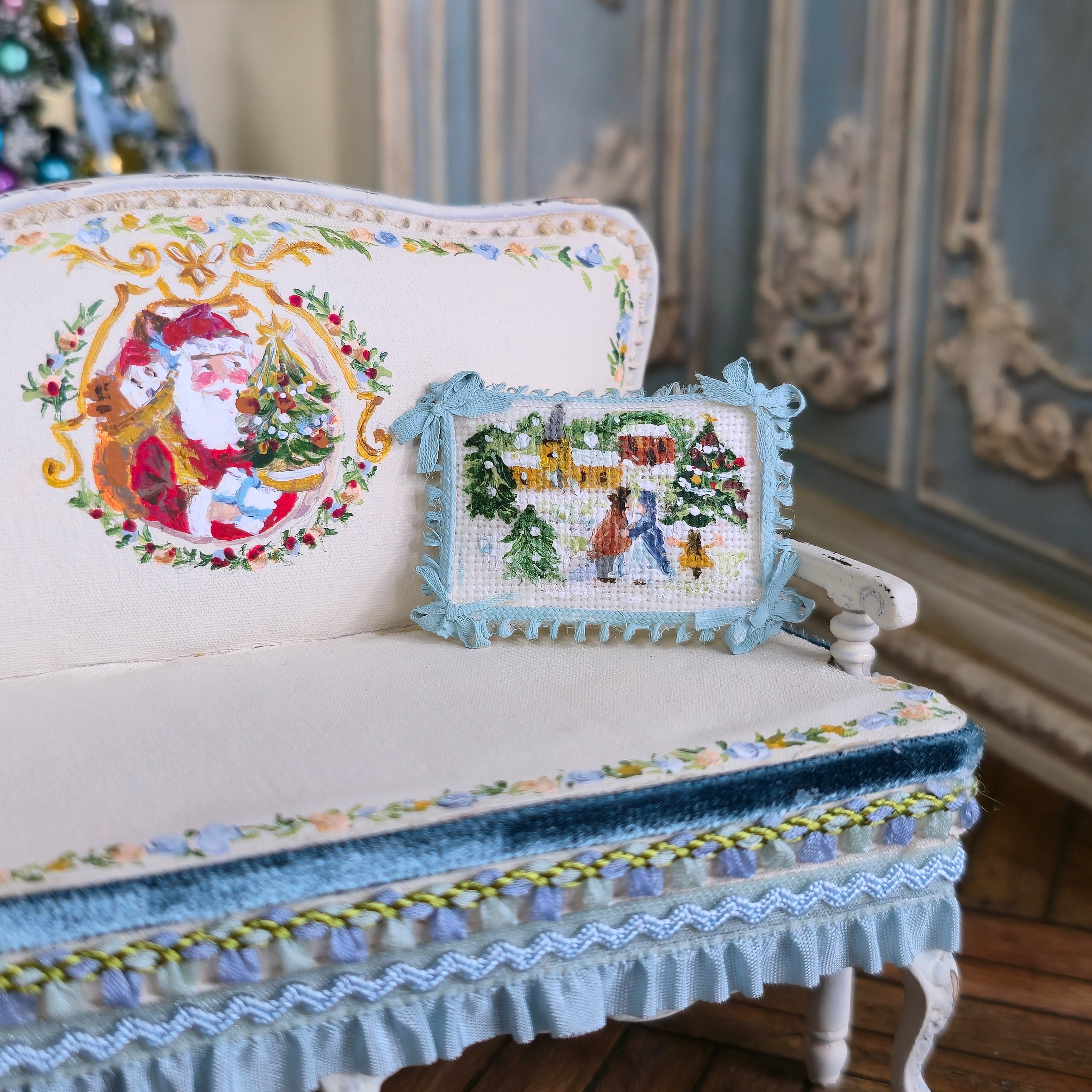 Aurearte Miniatures OOAK Victorian Christmas Santa Hand Painted Settee with Pillow