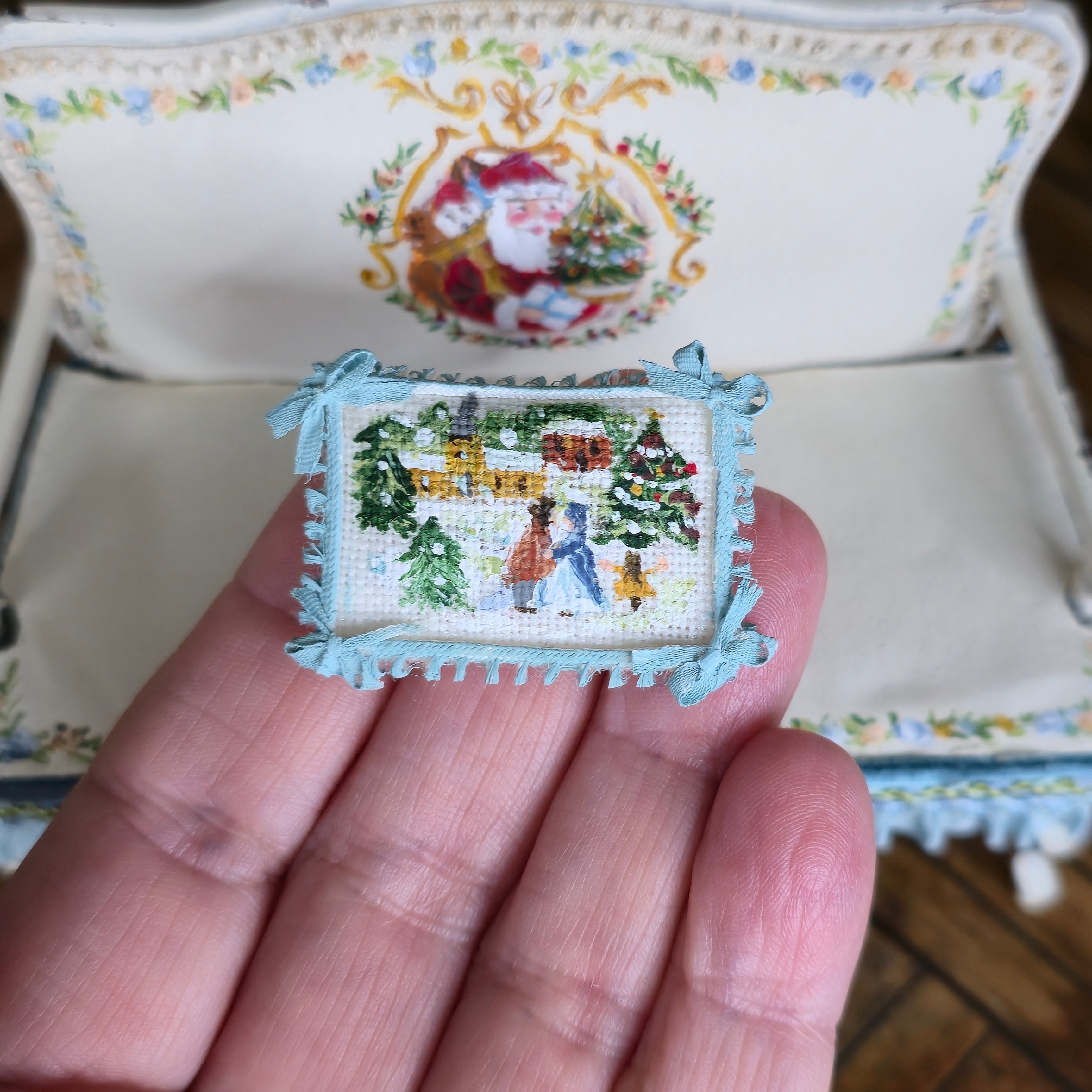 Aurearte Miniatures OOAK Victorian Christmas Santa Hand Painted Settee with Pillow