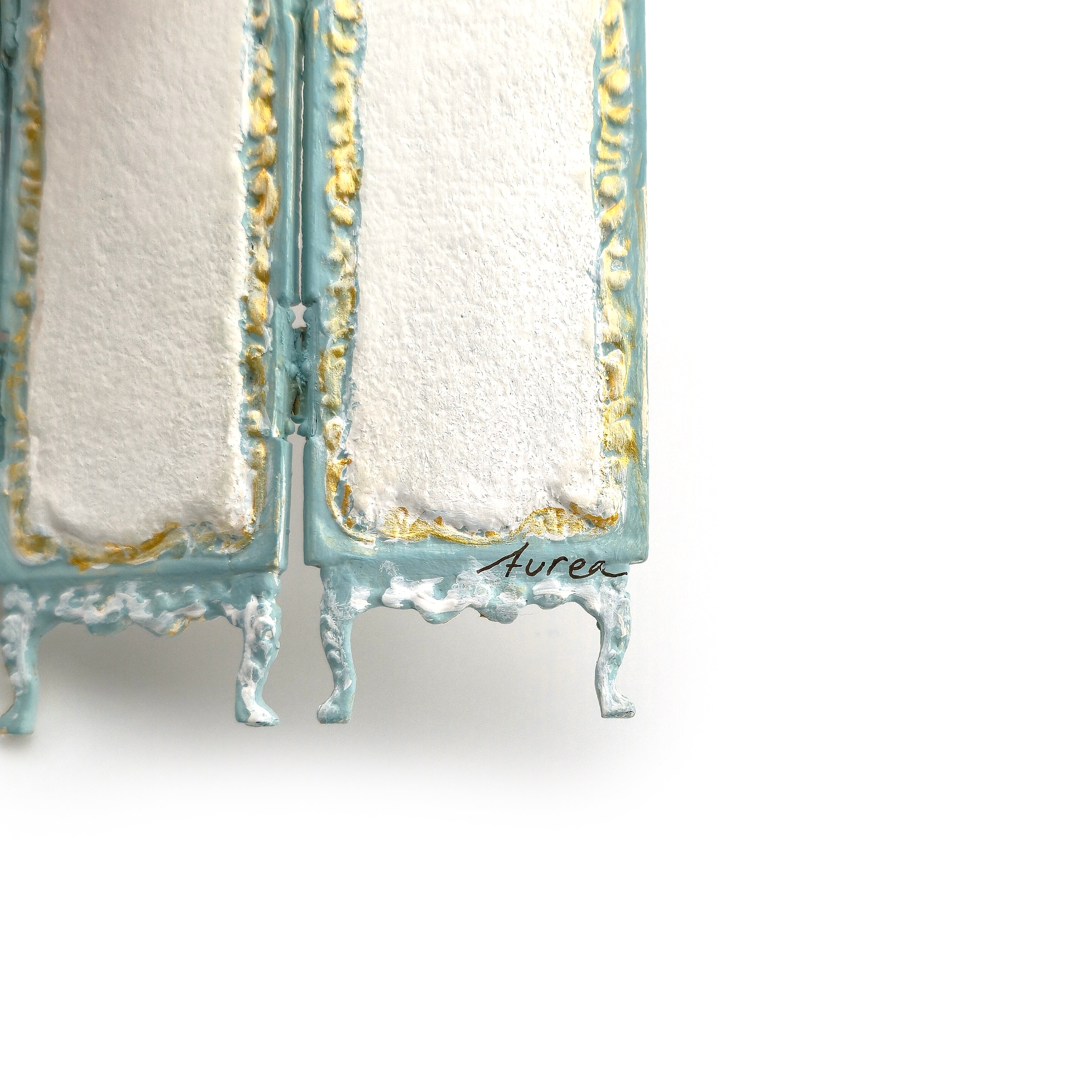 Aurearte Gilt Blue Hand Painted Victorian Winter Village Folding Screen Room Divider