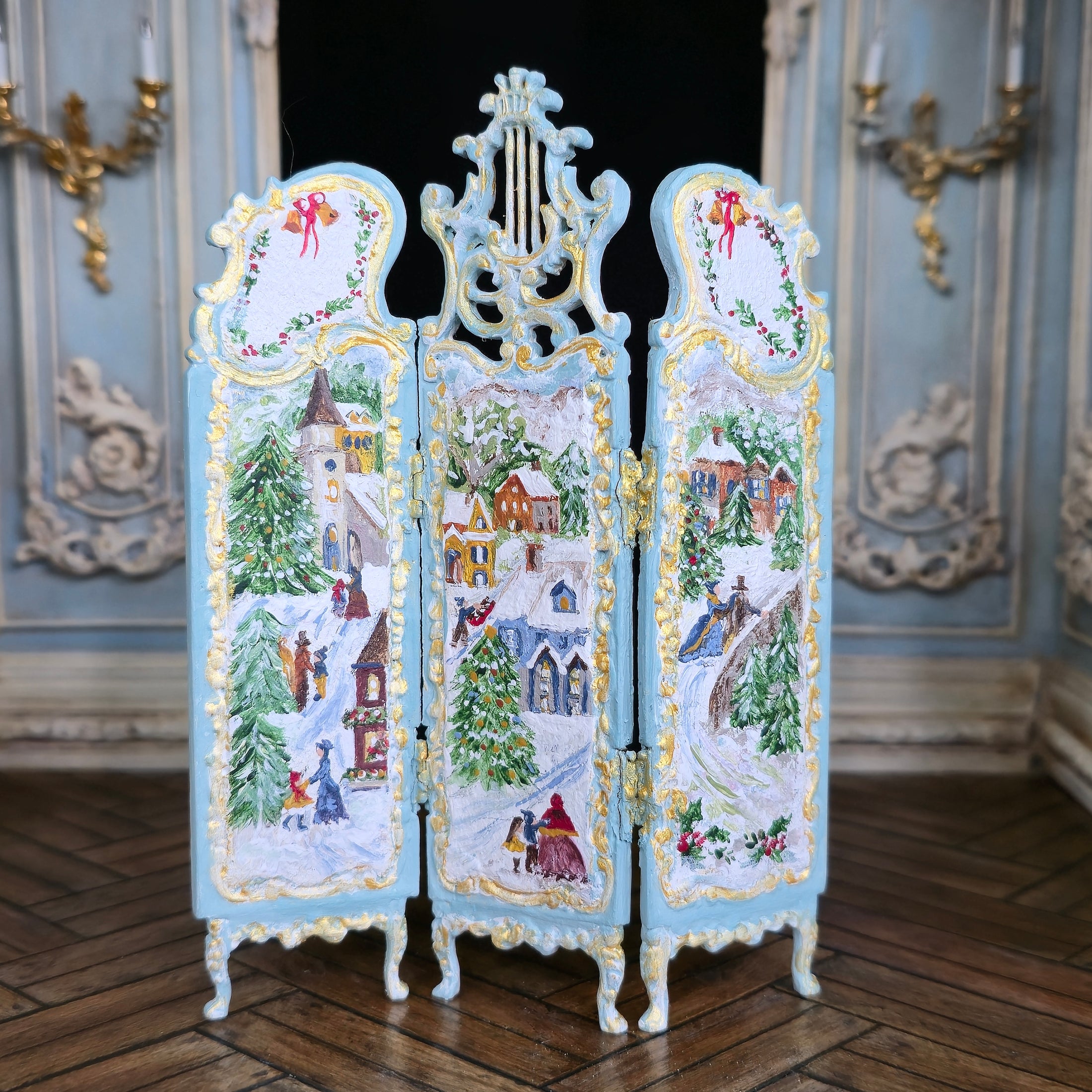 Aurearte Gilt Blue Hand Painted Victorian Winter Village Folding Screen Room Divider