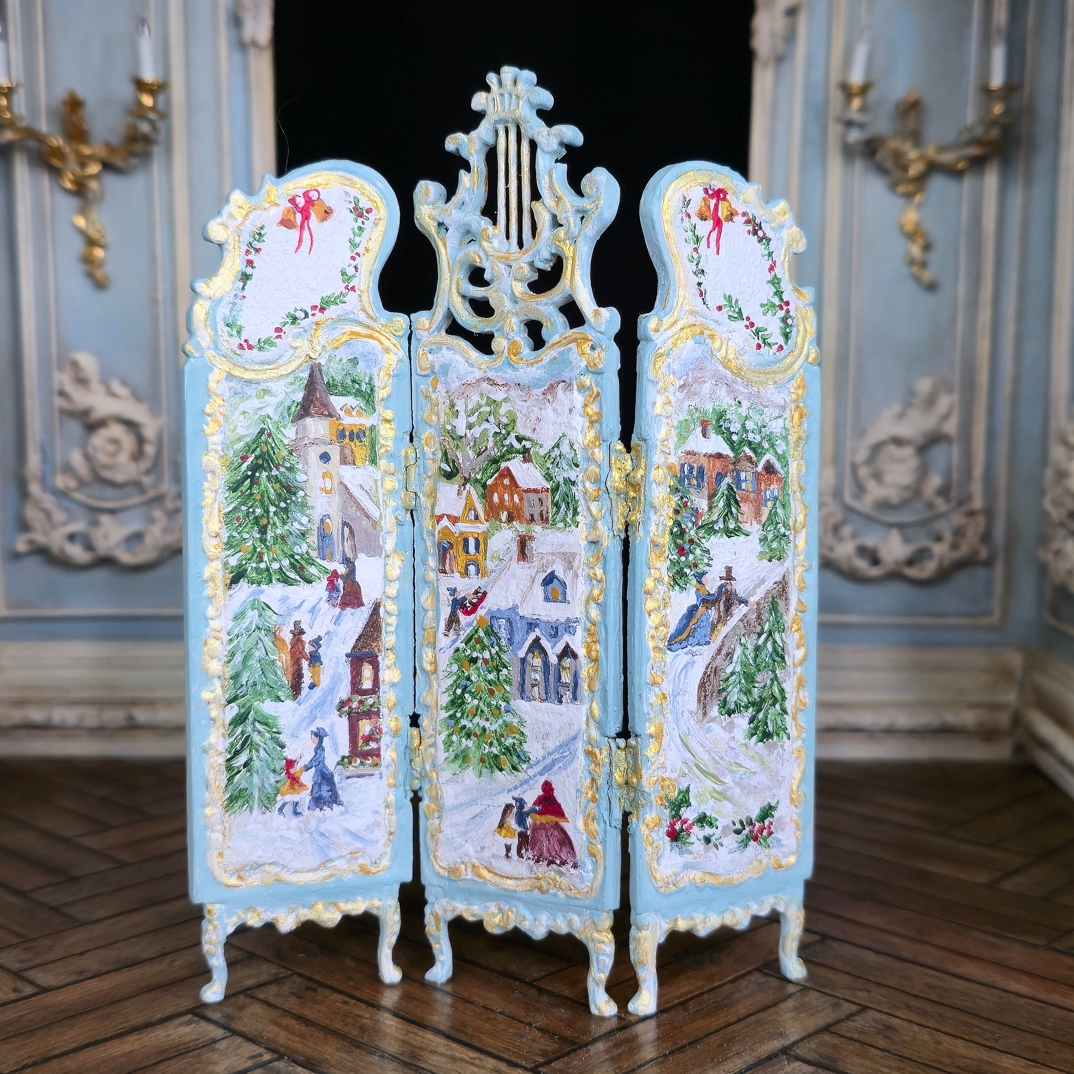 Aurearte Gilt Blue Hand Painted Victorian Winter Village Folding Screen Room Divider