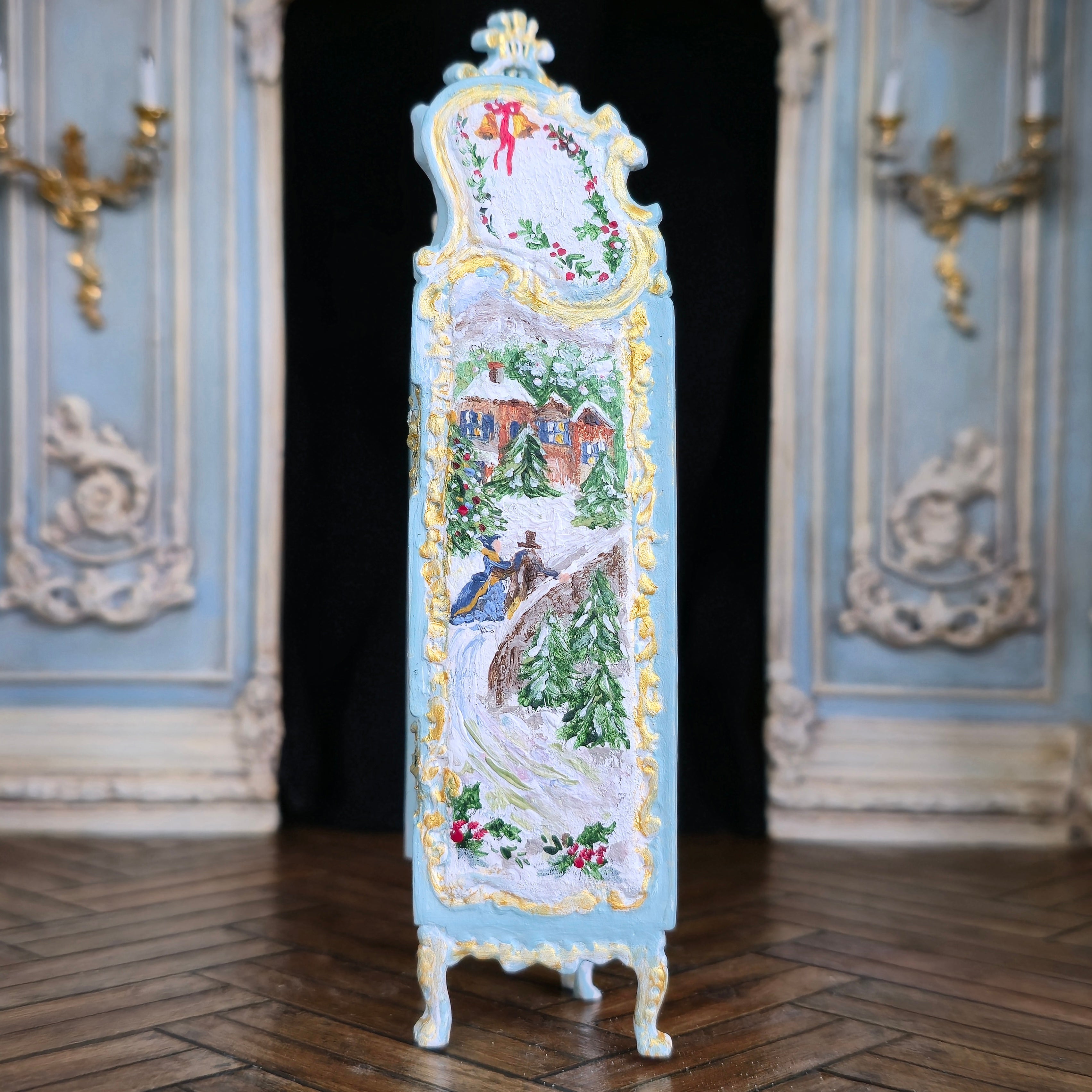 Aurearte Gilt Blue Hand Painted Victorian Winter Village Folding Screen Room Divider